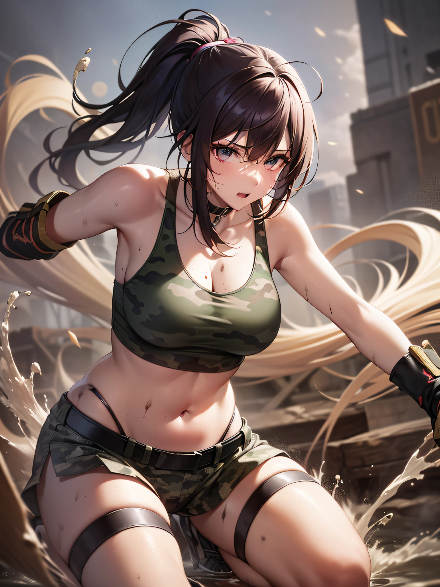 ((Finest quality)),(超A high resolution),(ultra-detailliert),sharpnes,Clair,Art with astounding depictions,Dynamic poses where the whole body is visible, ((1 Female Combat,flaxen ponytail),Camouflage pattern tank top,perspiring,Body dirty with mud)