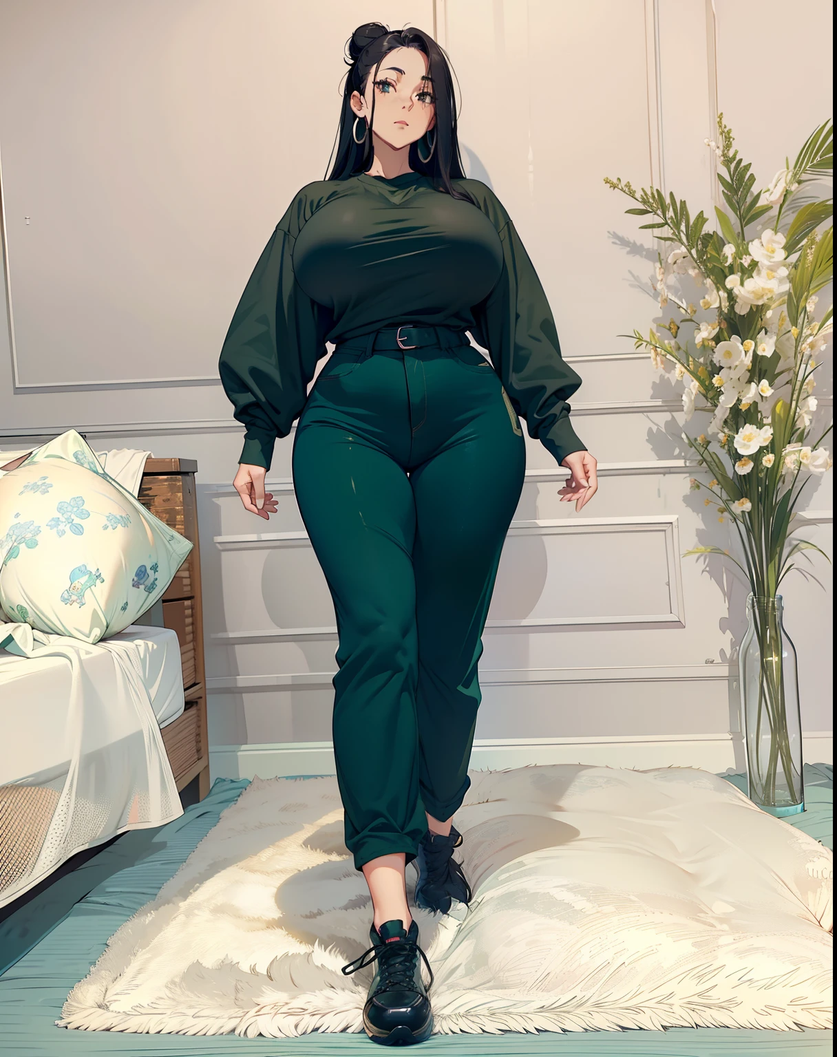 Sexy woman in olive green t-shirt, Blue shorts, (((Ridiculously large breasts)))、(Ridiculously huge breasts:1.5)、((huge udder))、Black hair in a bun, Sexy woman in olive green t-shirt and blue shorts lying in bed