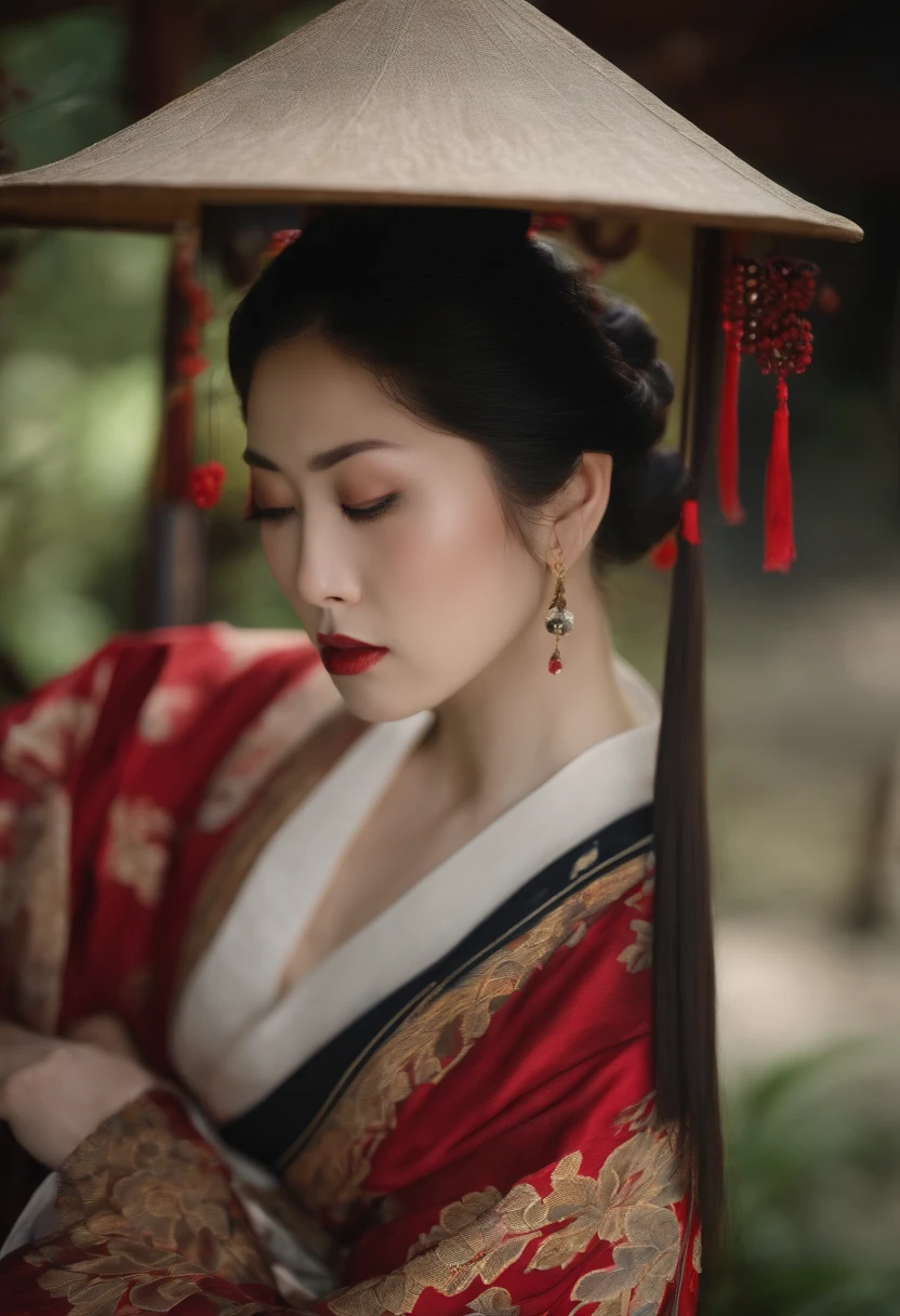 A Japanese Lady,A dark-haired,large udder,Troubled face,Larger shirt,meticulous