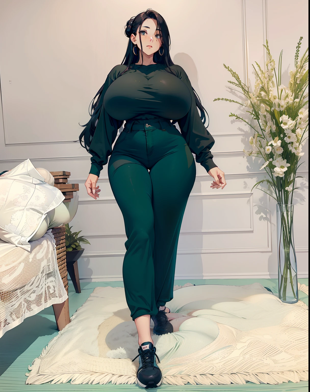 Sexy woman in olive green t-shirt, Blue shorts, (((Ridiculously large breasts)))、(Ridiculously huge breasts:1.5)、((huge udder))、Black hair in a bun, Sexy woman in olive green t-shirt and blue shorts lying in bed