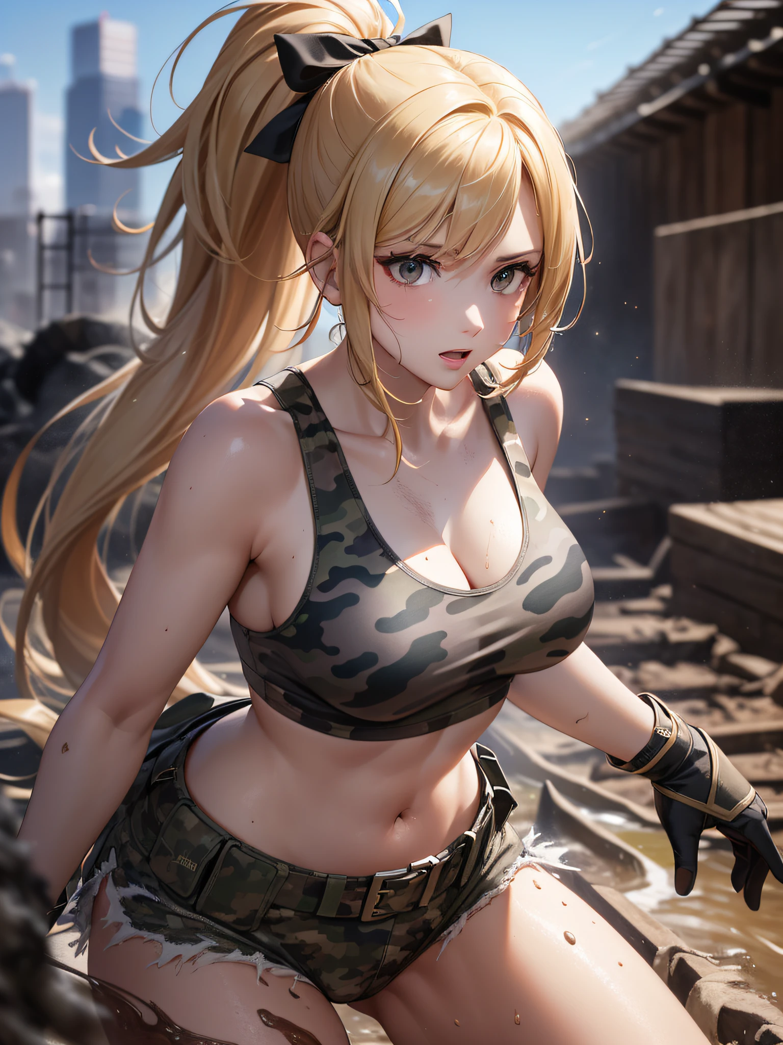 ((Finest quality)),(超A high resolution),(ultra-detailliert),sharpnes,Clair,Art with astounding depictions,Dynamic poses where the whole body is visible, ((1 Female Combat,flaxen ponytail),Camouflage pattern tank top,perspiring,Body dirty with mud)