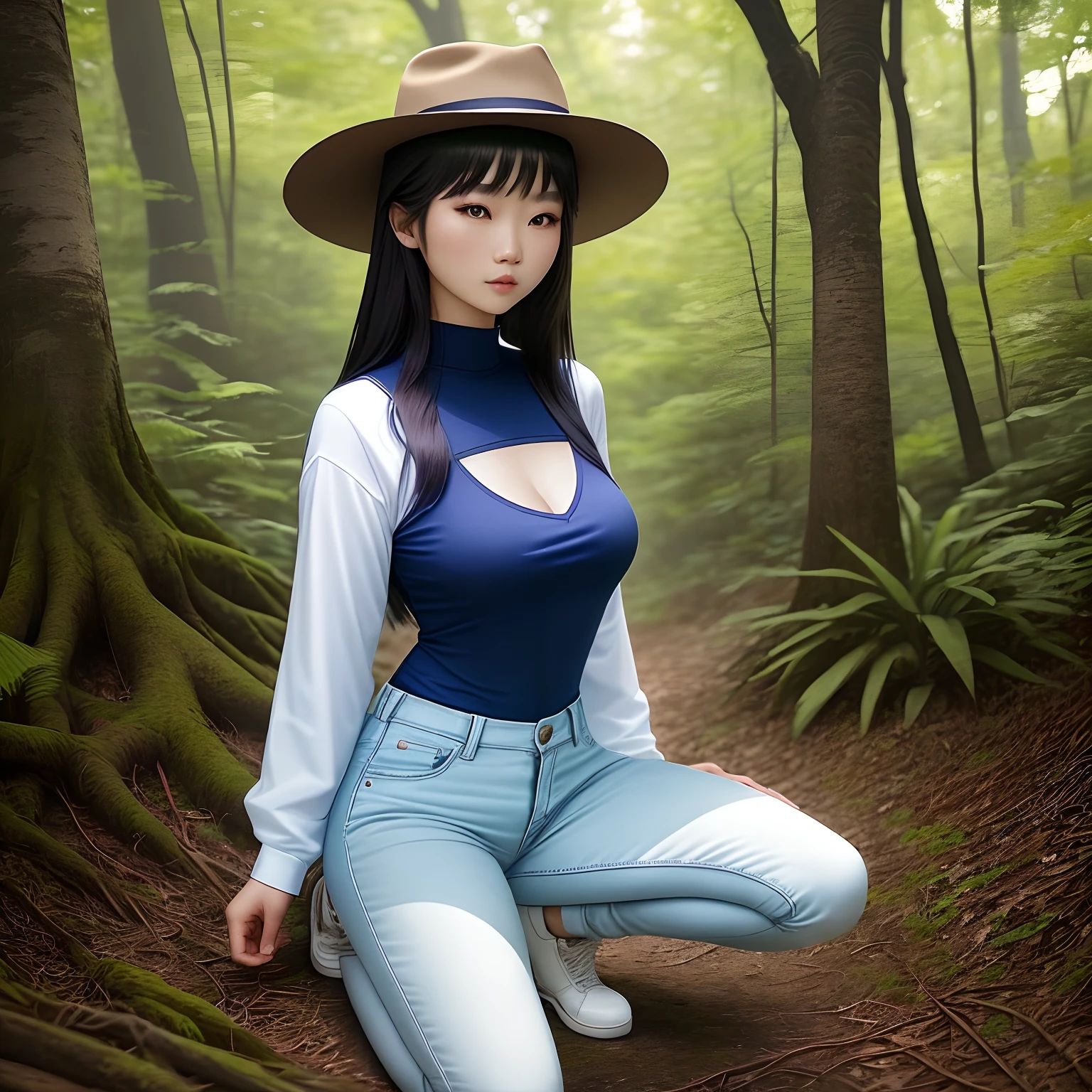 Asian woman kneeling in the middle of the woods,Wearing a hat and blue skinny jeans, Open V chest clothes, Gorgeous young Korean woman, Beautiful Asian girl, Sexy girl, beautiful Korean women, young and cute girl, Korean girl, Good young girl, Beautiful young Korean woman, Asian girl, smooth white tight clothes suit, 2 4 year old female model, Attractive girl