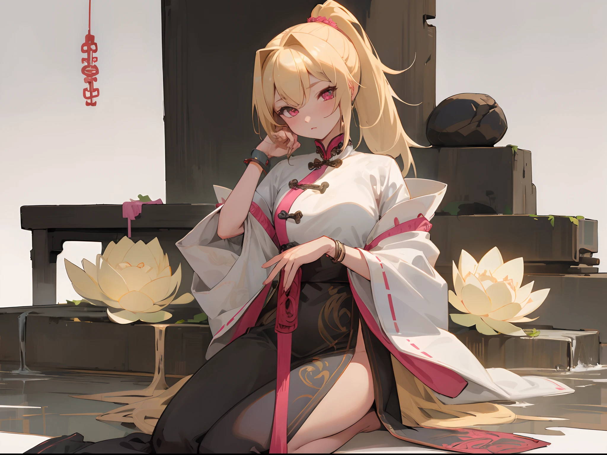 1 girl, blonde hair, blonde woman, pony tail, bright pink eyes, pastel colours, big breastes, Cute hair clips, tattoos on body, bracelets on hands, An ancient Chinese beauty, Sitting on a stone, dressed in ancient Chinese clothes, flowing tulle, light silk, Lazy Posture, big lotus leaf, lotus, ink painting style, clean color, Decisive cutting, blank, By hand, tmasterpiece, Ultra-detailed, epic composition
