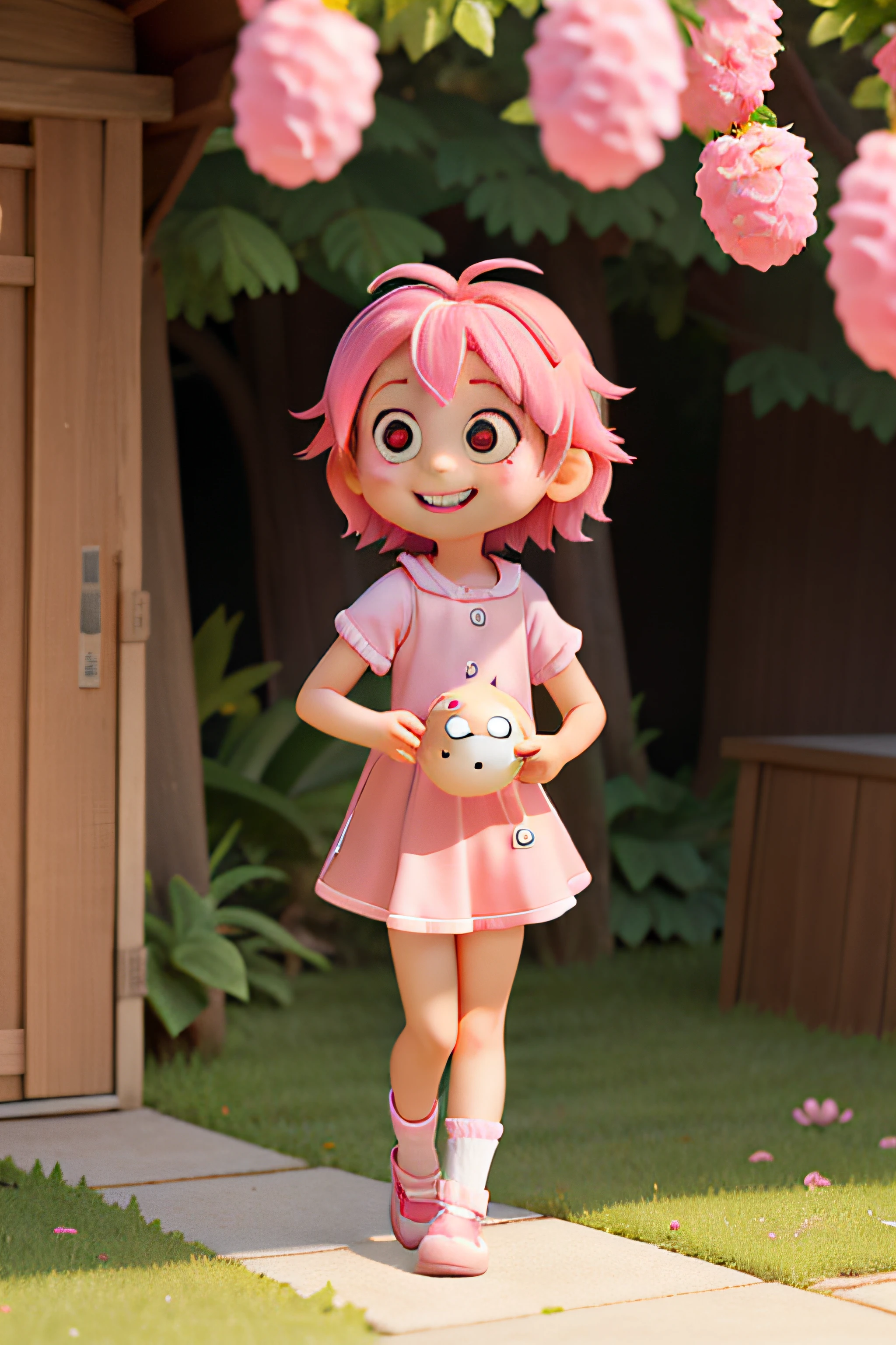  girl sakura, cartoon, approximately 5 yeamall girl,  style, big eyes, cute smile, pink hair, stylized, bright colors, full body image, she's in doubt, reflective, when asking questions, sad, reflective, confused, waiting for a response, waiting for someone to respond, with a lot of doubt, scratching head.