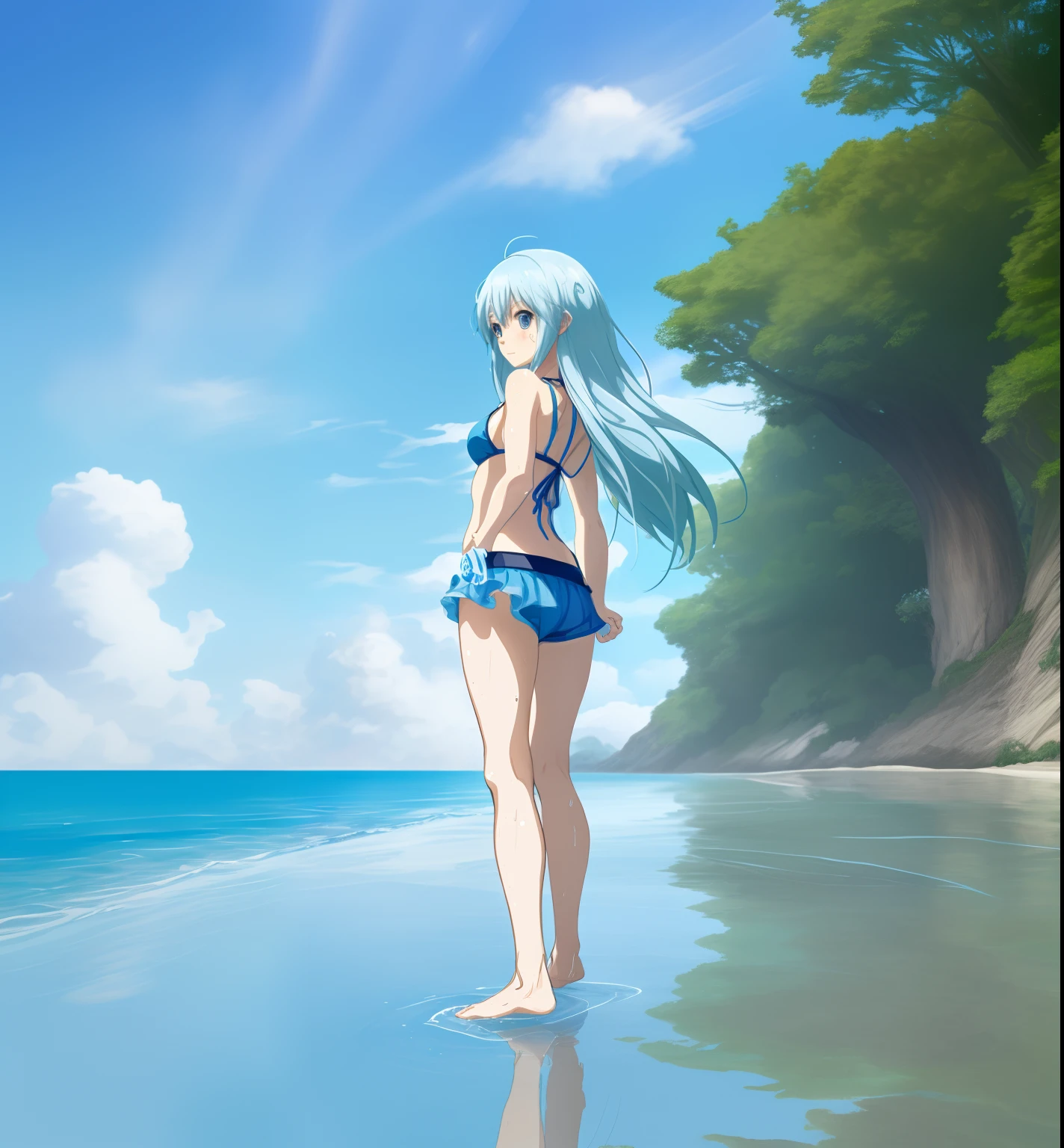 An anime girl,Wet,Bikini,Barefoot, Short blue and white hair,The perspective is from bottom to top