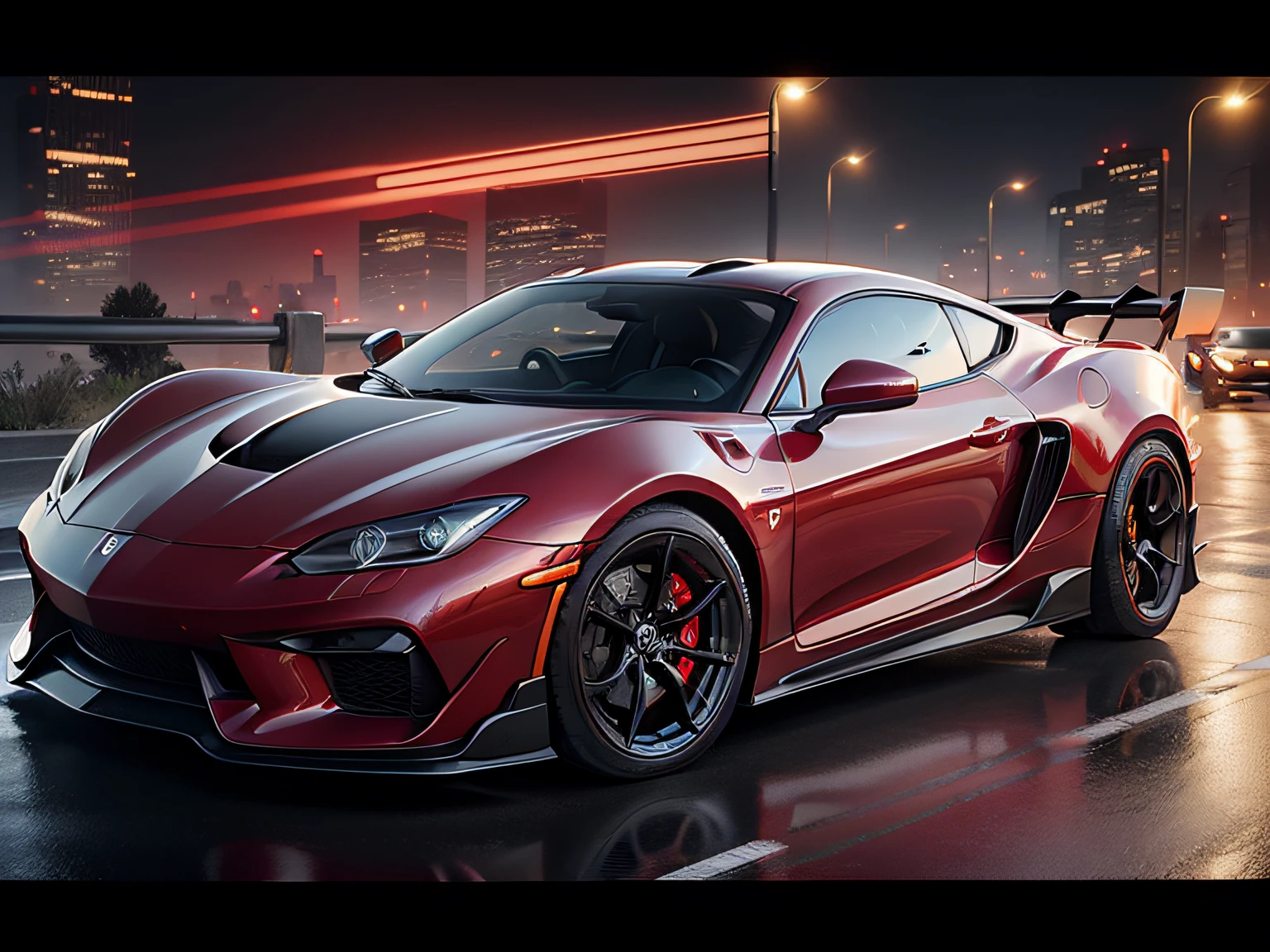 Cinematic car blockbuster，sports cars，red colour，Advanced car advertising，Late night background，Halo，Front left perspective，Car headlights