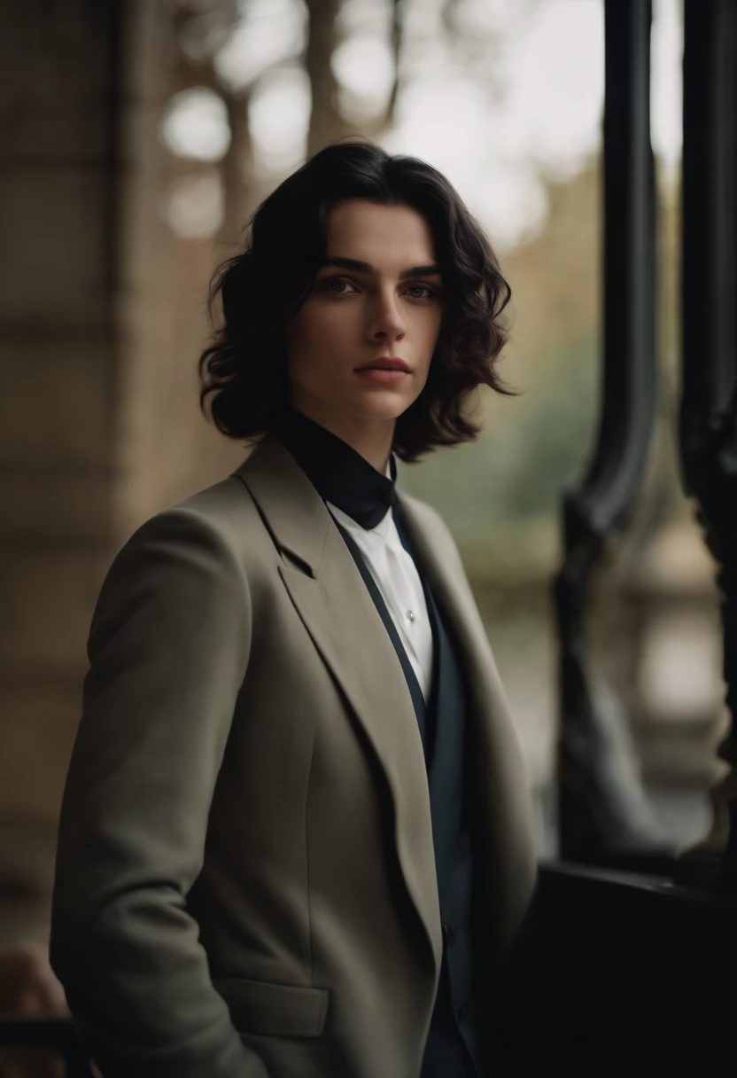 Medium black haired boy with a medium haircut looks at the camera, delicate androgynous prince, Beautiful androgynous prince, androgynous face, an epic non - binary model, tomboy cabelo pretp medio, beautiful androgynous girl, foto retrato suave 8 k , morgan davies