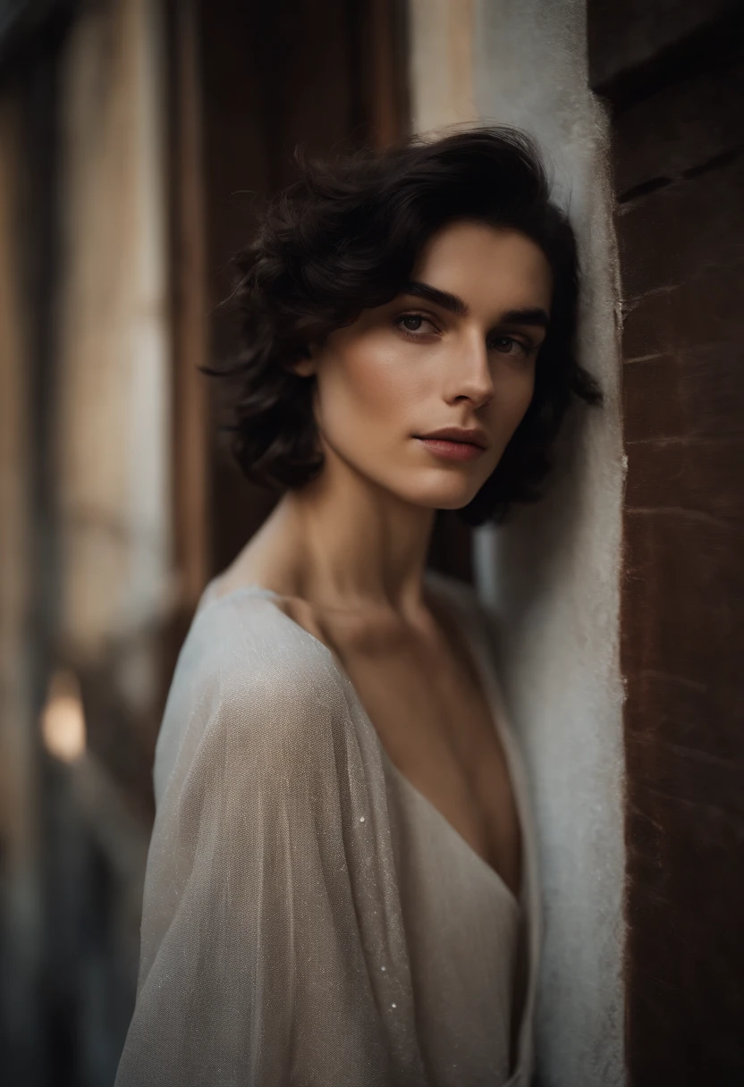 Medium black haired boy with a medium haircut looks at the camera, delicate androgynous prince, Beautiful androgynous prince, androgynous face, an epic non - binary model, tomboy cabelo pretp medio, beautiful androgynous girl, foto retrato suave 8 k , morgan davies