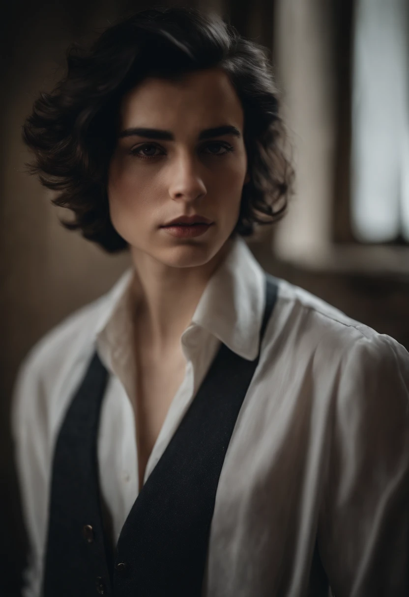 Medium black haired boy with a medium haircut looks at the camera, delicate androgynous prince, Beautiful androgynous prince, androgynous face, an epic non - binary model, tomboy cabelo pretp medio, beautiful androgynous girl, foto retrato suave 8 k , morgan davies
