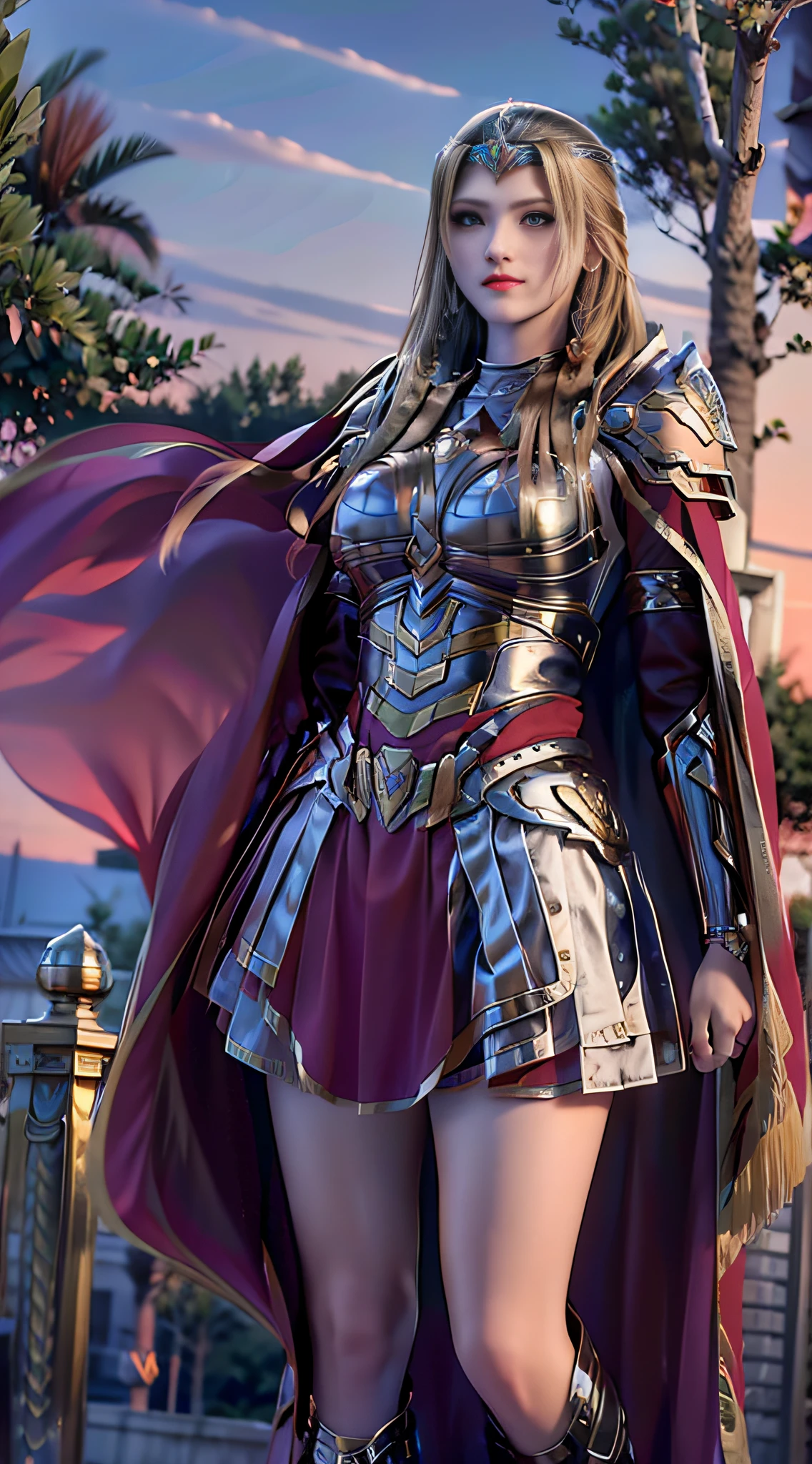 armor,long hair, blonde hair, breastplate, cape,shoulder armor,tiara,braid,pauldorns,skirt,yellow eyes,