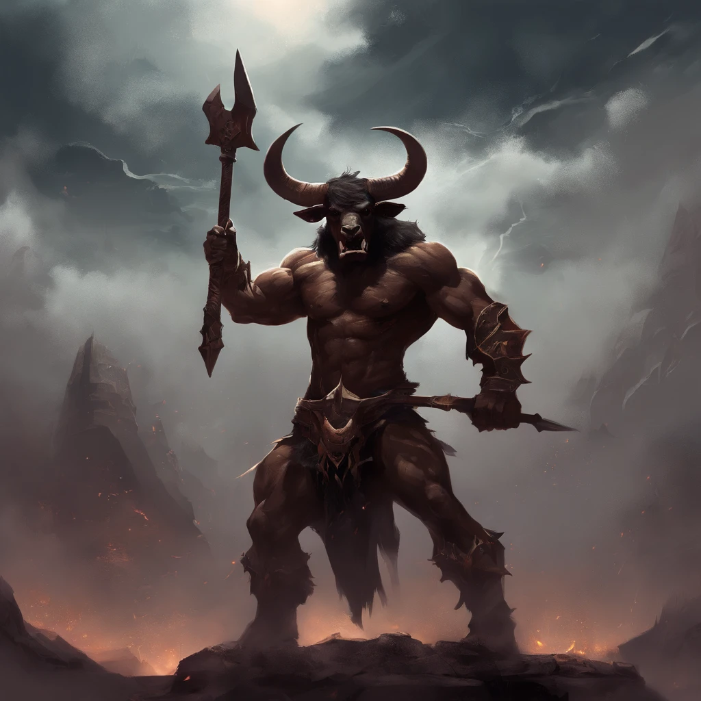 Struck by lightning(Black minotaur:1.5),(A monster with a minotaur with a tomahawk:1.8),sense of strength,Standing cow with an axe,Painful expression,(The minotaur raised its head and roared into the sky:2),funk,shudder,Gothic,baroque,(The arc was released from the female mage's hand),The current spreads around,Medieval landscape,Fantastical,4K,best qualtiy,primitive,((Ultra-detailed and high-precision details)),Power Hero & Magic 3,Fantastical,The background is the canyon plain,The scene is impressive