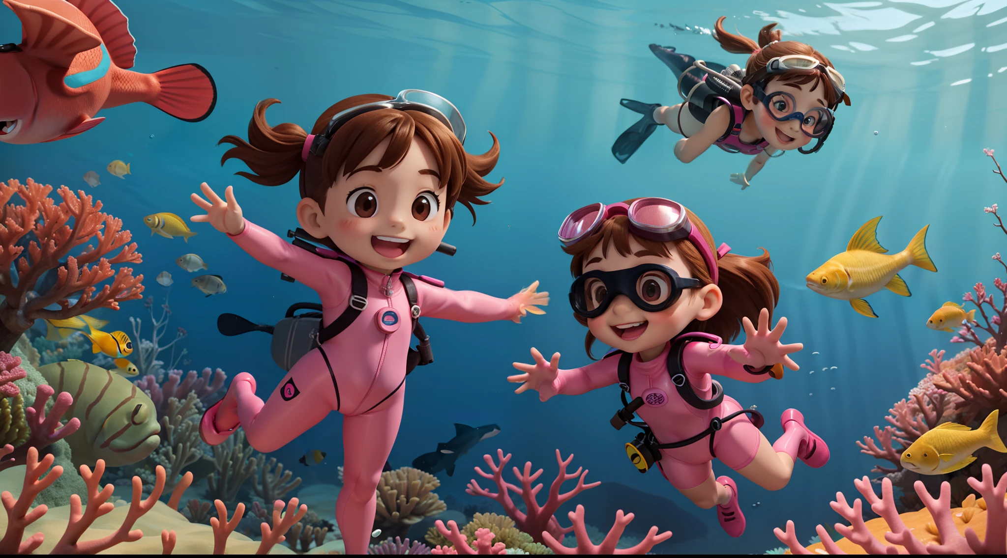 Frontal image of a standing, happy, with brown hair, brown eyes, rosy cheeks, arms spread apart, legs apart, wearing diving goggles, pink diving suits, diving gloves, and diving shoes, underwater among corals and fish, in the style of a children's book illustration.