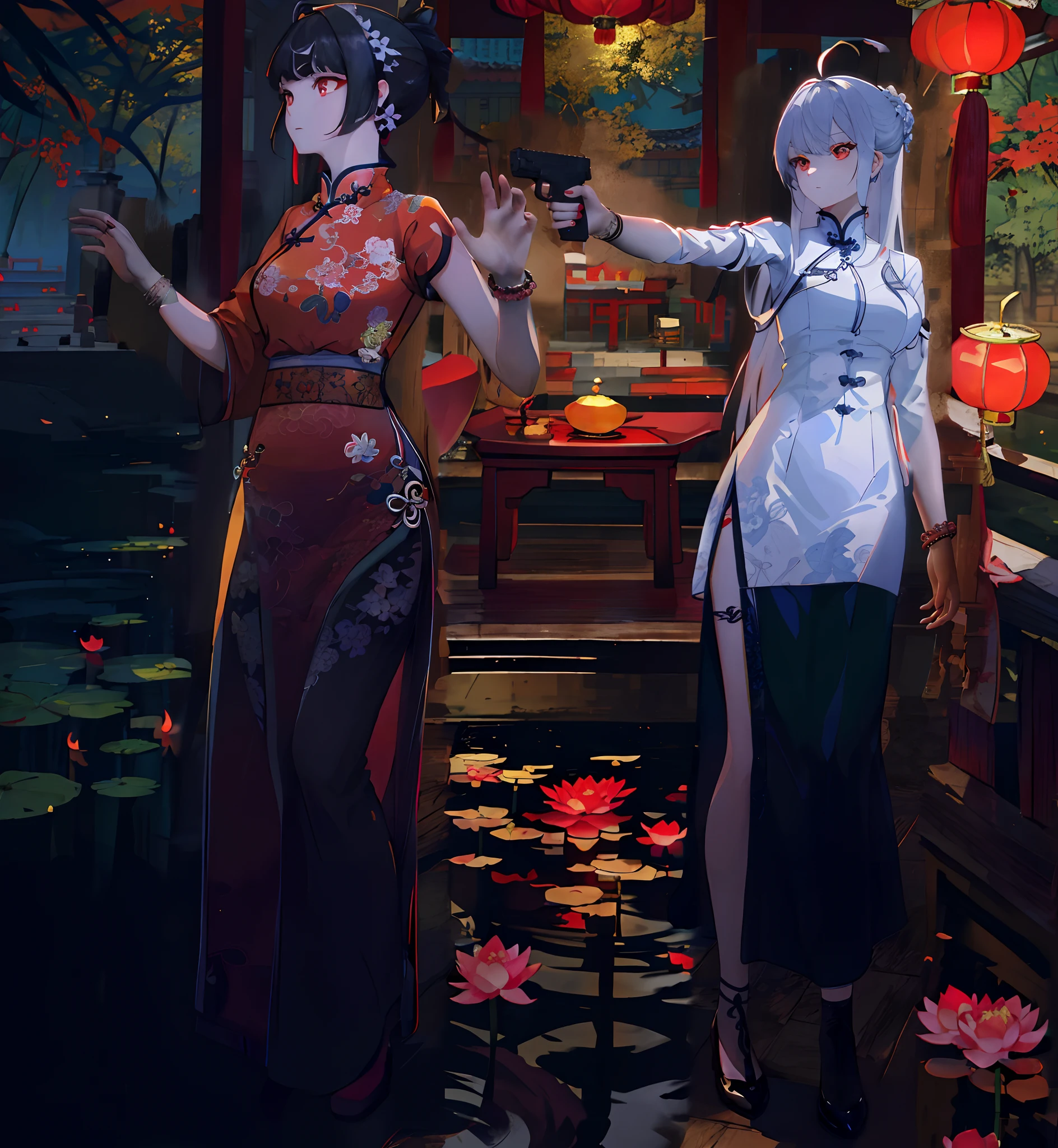 (masterpiece:1.5), (bestquality), highlydetailed, ultra-detailed, (Chinese traditional setting), (ancient architecture), (red lanterns), (bamboo garden), (lotus pond), (dragon motif), (traditional Chinese clothing), (fan dance), (tea ceremony), (Chinese calligraphy), (ornate gold decorations), (paper lanterns), (cherry blossom tree), (Chinese opera), (imperial palace), (dragon boat), (koi fish pond), (traditional Chinese courtyard), (traditional Chinese furniture), (moon gate), (red silk), (jade jewelry)