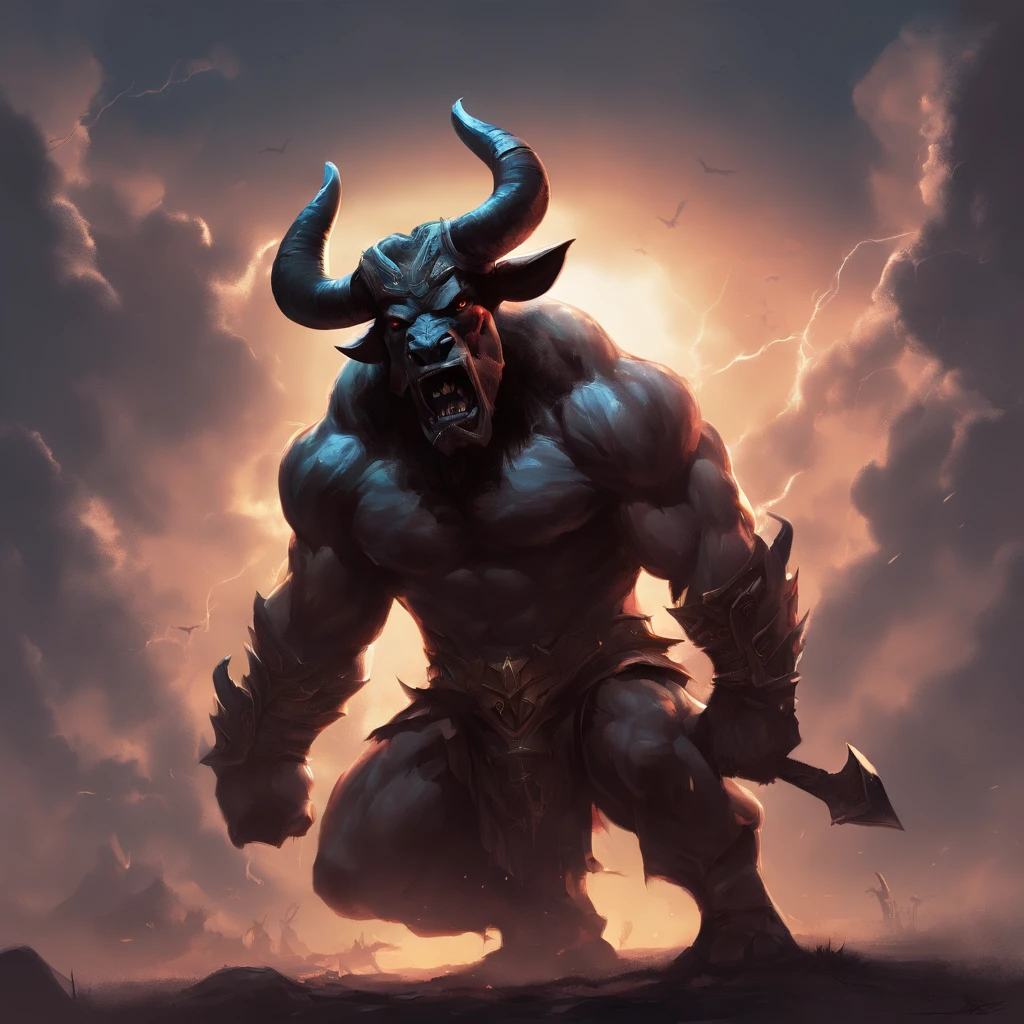 Struck by lightning(Black minotaur:1.5),(A monster with a minotaur with a tomahawk:1.8),sense of strength,Standing cow with an axe,Painful expression,(The minotaur raised its head and roared into the sky:2),funk,shudder,Gothic,baroque,(The arc was released from the female mage's hand),The current spreads around,Medieval landscape,Fantastical,4K,best qualtiy,primitive,((Ultra-detailed and high-precision details)),Power Hero & Magic 3,Fantastical,The background is the canyon plain,The scene is impressive