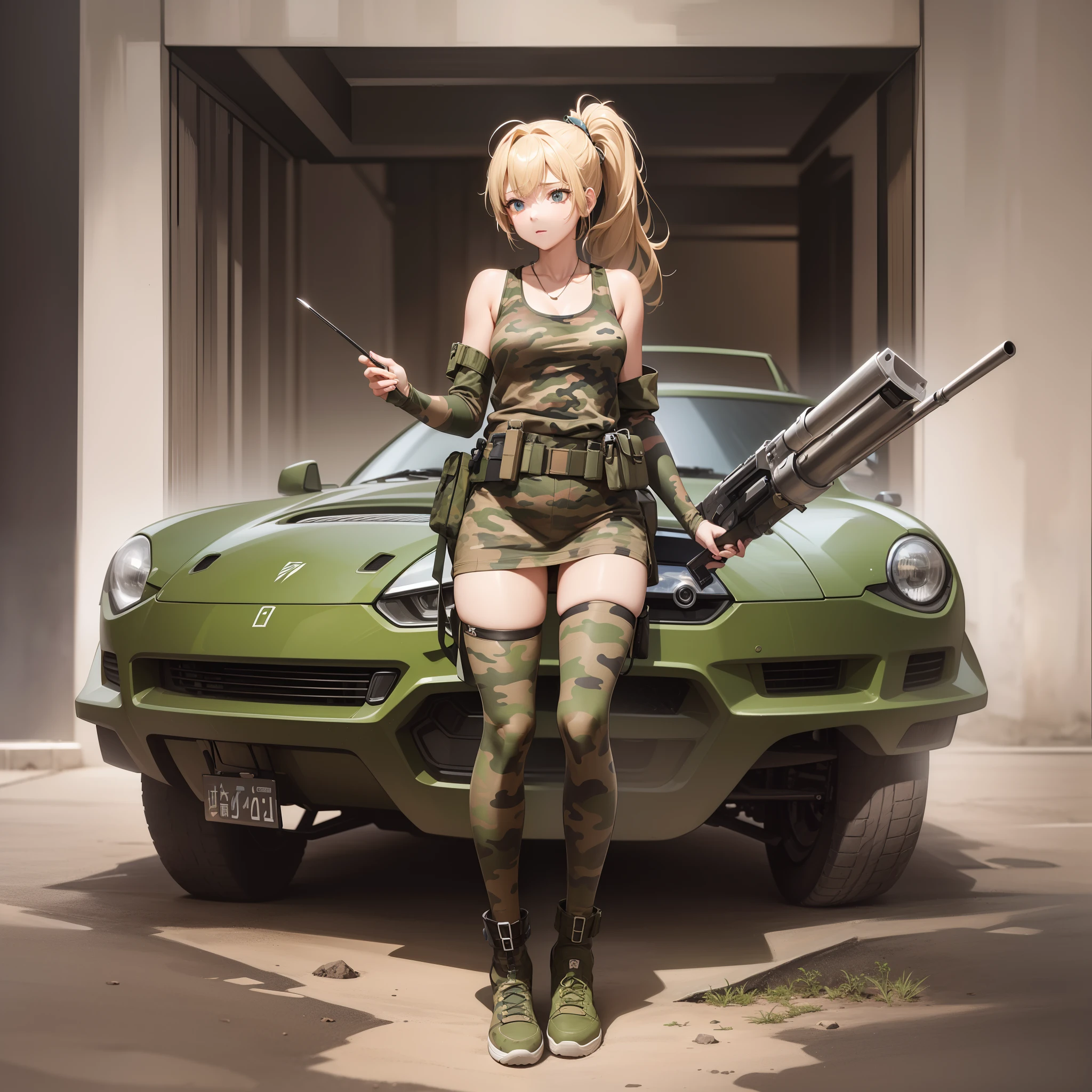 1woman 20 years old, max resolution, sculpted, military, wearing an army helmet, beautiful, perfect body, blonde hair, blue eyes, perfect body, thin waist, wide hips, large breasts, slim thighs, jungle background, armored vehicle, camouflaged uniform, tight panties, two-piece, highly detailed, high resolution, perfect hands, side view, camo, bare shoulders, crouching, full body shot