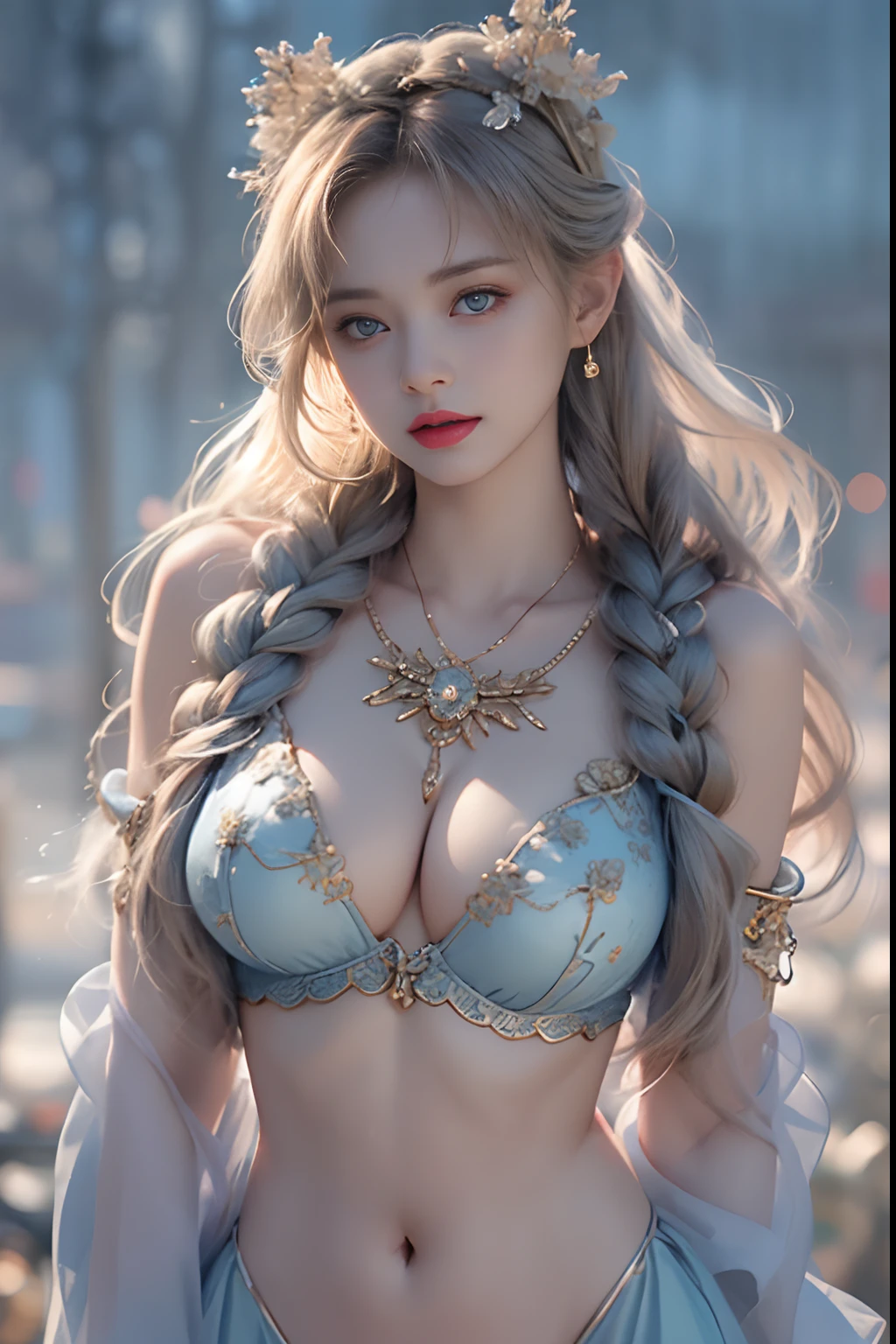 (Front Focus),Surrealist portraits of women by David Hockney and Alphonse Mucha,((ultra gigantic tits))、((Upper body naked))、( Exposed)、((Schools))、Classroom、((Engaging pose))、Fantasyart,(((Golden braided hair)))、((Luxury lingerie in light blue with sexy embroidery))、((Fine light blue lingerie outfit with sexy embroidery))、((Sexy schoolgirl、High quality light blue lingerie with embroidery with less fabric))、Beautifully embroidered sexy embroidered fine light blue lingerie outfit,Decorated with high-quality embroidered fine lingerie outfits and fine jewelry,photographrealistic,动态照明,art stations,poster for,Volumetriclighting,extra detailed face,4 k'',((Colossal tits))、With diamonds,Sexy thighs,exposing the abdomen ,Chest 1 Girl, In the Dark, deepshadow, low tune, Cowboy Shot,(official clothing:1.4), The eyes are confused and seductive,legs separated