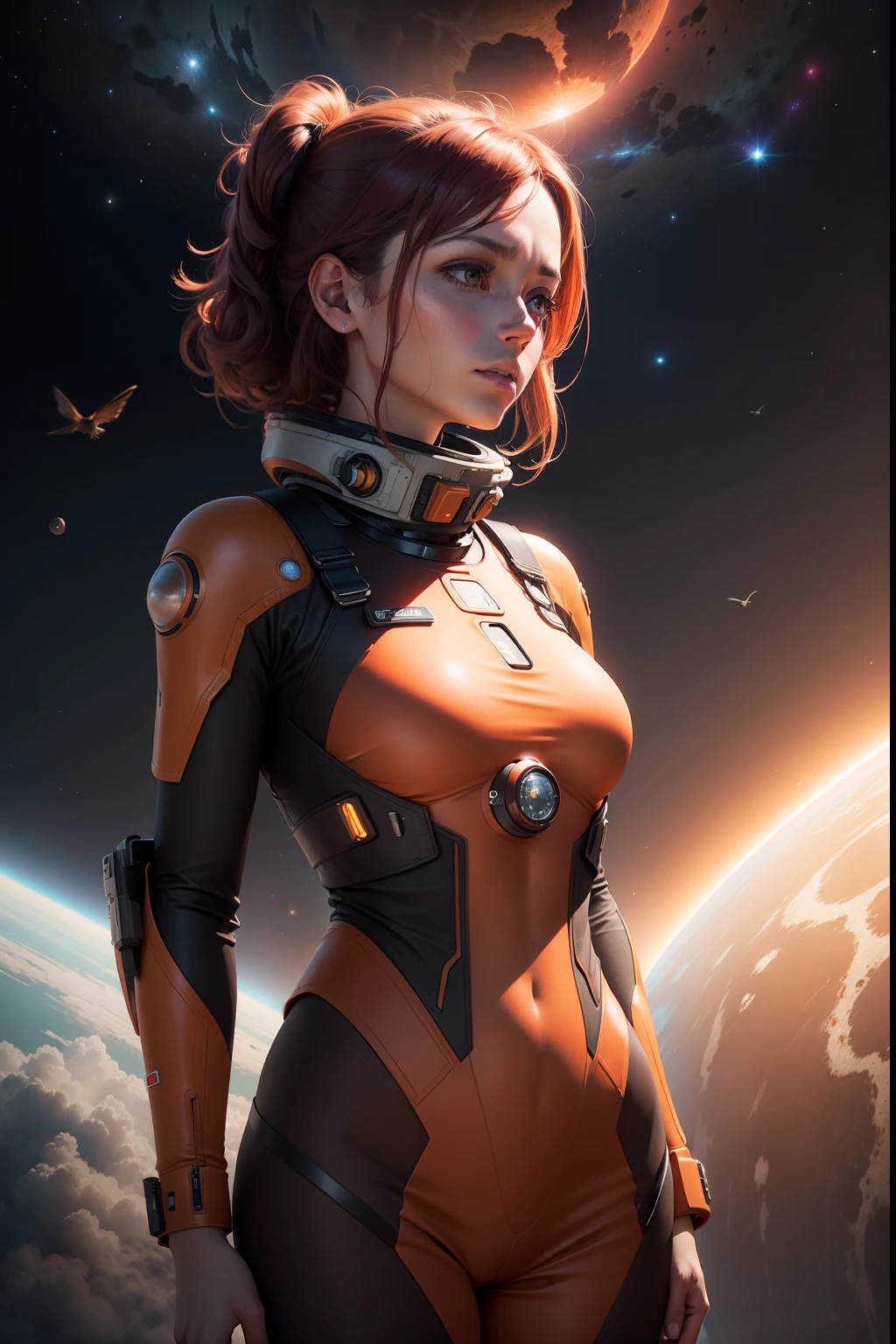 Sci-fi Woman weightless in her thoughts, planets, orange-peach colored clouds, fireflys, birds in the distance, photorealistic, hyperrealism, 64k resolution, maroon colored space suite,