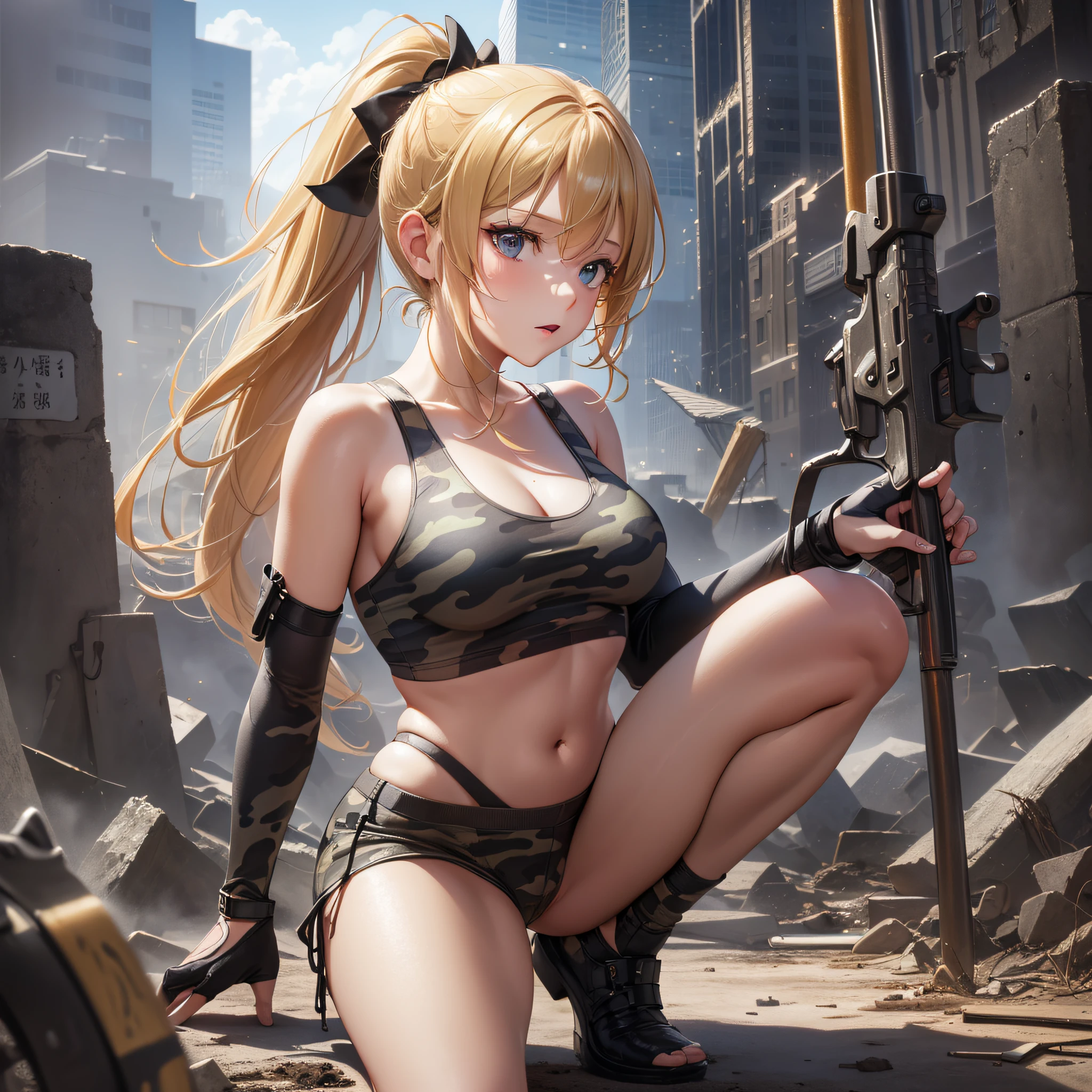 ((Finest quality)),(超A high resolution),(ultra-detailliert),sharpnes,Clair,Art with astounding depictions,(full body seen), (1人の女性,flaxen ponytail,perspiring,dirty body:1.2,),Camouflage pattern tank top,