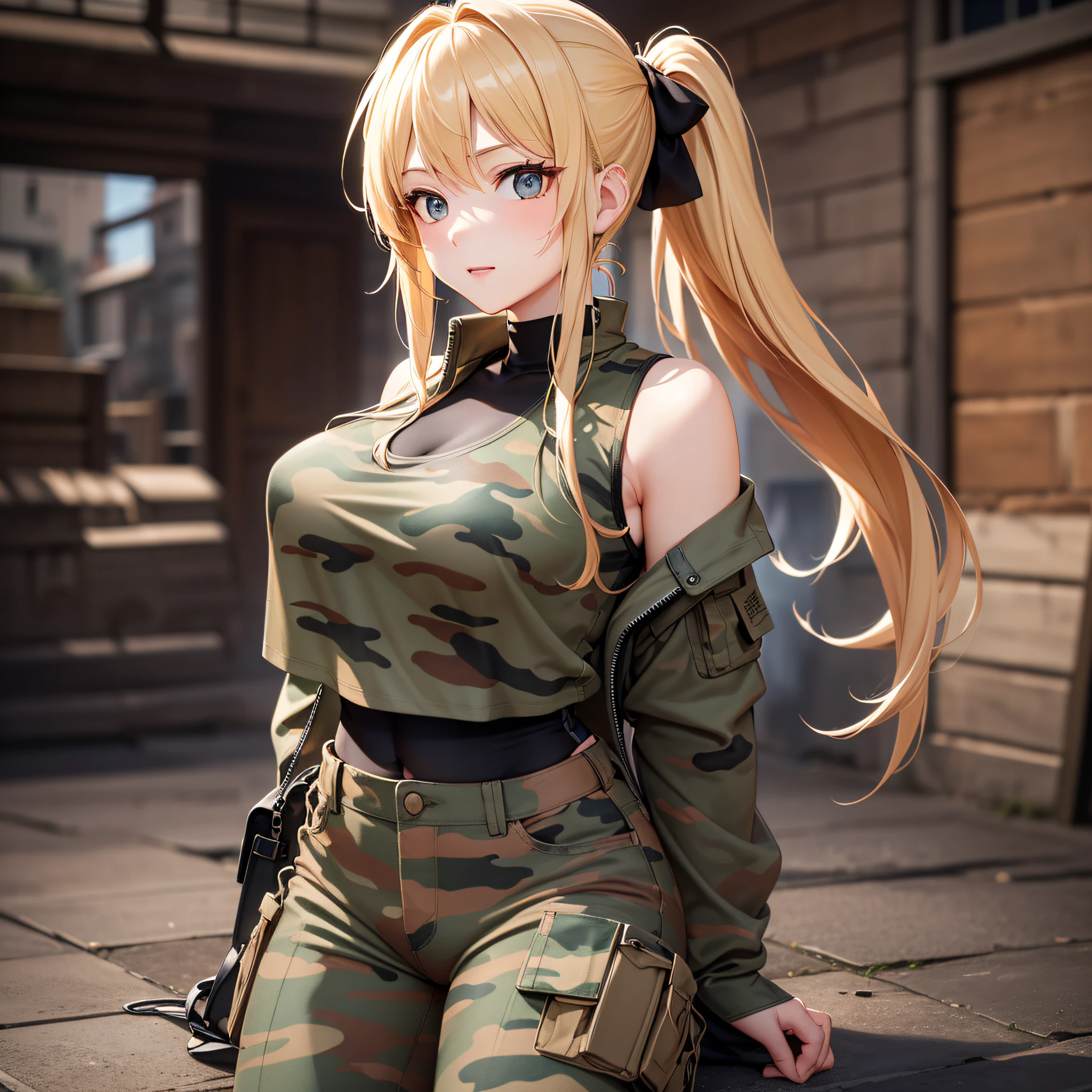 ((Finest quality)),(超A high resolution),(ultra-detailliert),sharpnes,Clair,Art with astounding depictions,(full body seen), (1人の女性,flaxen ponytail,),Camouflage pattern tank top,perspiring,dirty body:1.2