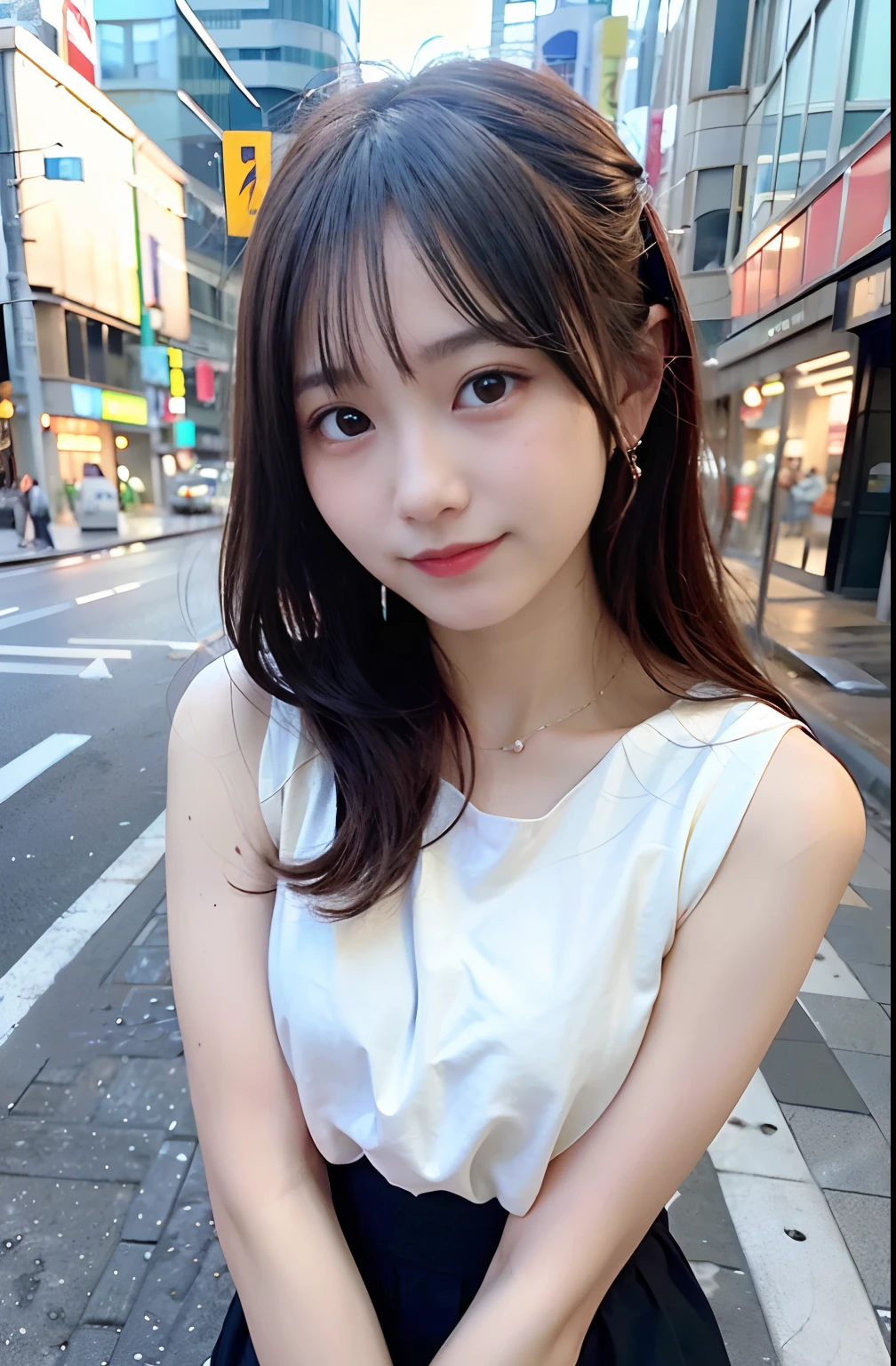 highest quality, shape, Very detailed, finely, High resolution, 8k wallpaper, Perfect dynamic shape, Beautiful and detailed, Summer clothes,Medium Hair,Natural color lip,smile,20-year-old girl、Midnight、Beautiful and elaborate face、Perfect and beautiful face、Slim face and figure,spread your arms wide,Big eyes,Take a photo with your face raised from below your knees、Small face、Beautifully detailed face、Perfect and beautiful double eyelids、Big cleavage、Long, Slender legs、One Woman、gravure、Skinny jeans、Watching the audience、run