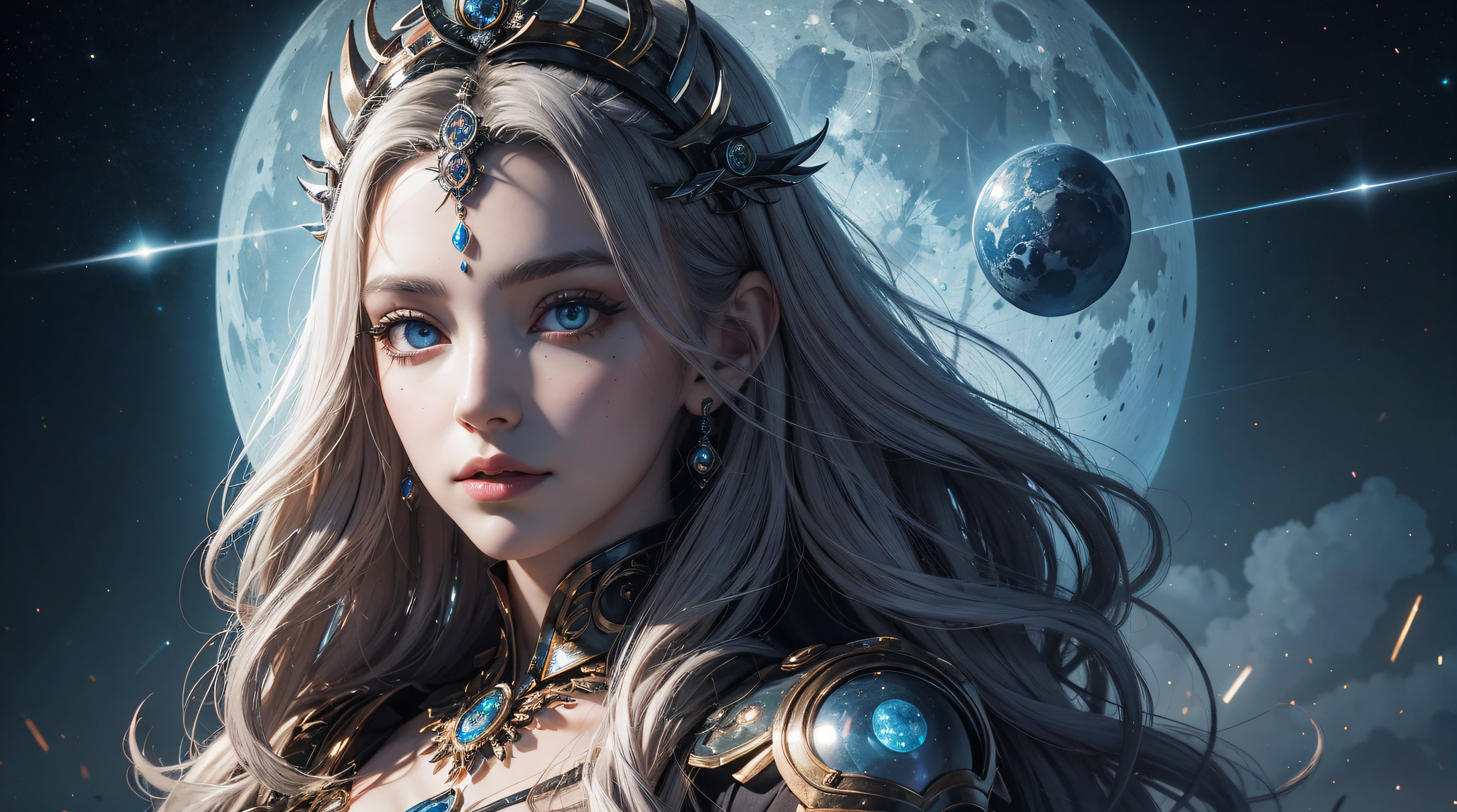(best qualtiy,ultra - detailed,Most Best Illustration,Best shadow,tmasterpiece,A high resolution,professionalartwork,famousartwork),Detailed eyes,beautidful eyes,closeup cleavage,sci-fy,colored sclera,Robot eyes,face markings,Tattooed with,(fractalized,Fractal eyes),largeeyes,Wide eyes,(Eye focus),face focus,Cosmic eyes,Space eyes,Close-up of metal sculpture of a woman with a moon in her hair,goddes,extremly high detail,3 d goddess portrait,Extremely detailed footage of the goddess,a stunning portrait of a goddess,Side portrait of the goddess,portrait of a beautiful goddess,Full body close-up portrait of the goddess,hecate goddess,portrait of a norse moon goddess,goddess of space and time
