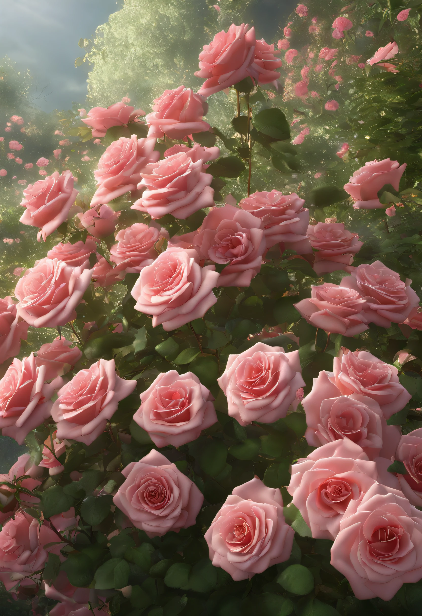 Secret Garden Flowers, A bush of pink roses (masterpiece:1.6, best quality), (extremely detailed CG unity 8k wallpaper, masterpiece , super detailed, best shadows), (detailed background), green grass, sun (best lighting, extremely delicate and beautiful), ((color paint splatter on transparent background, Dulux,)), ((caustics) wonderland style, fantasy, beautiful, perfect composition, beautiful detailed, octane render, highly detailed, heart of roses