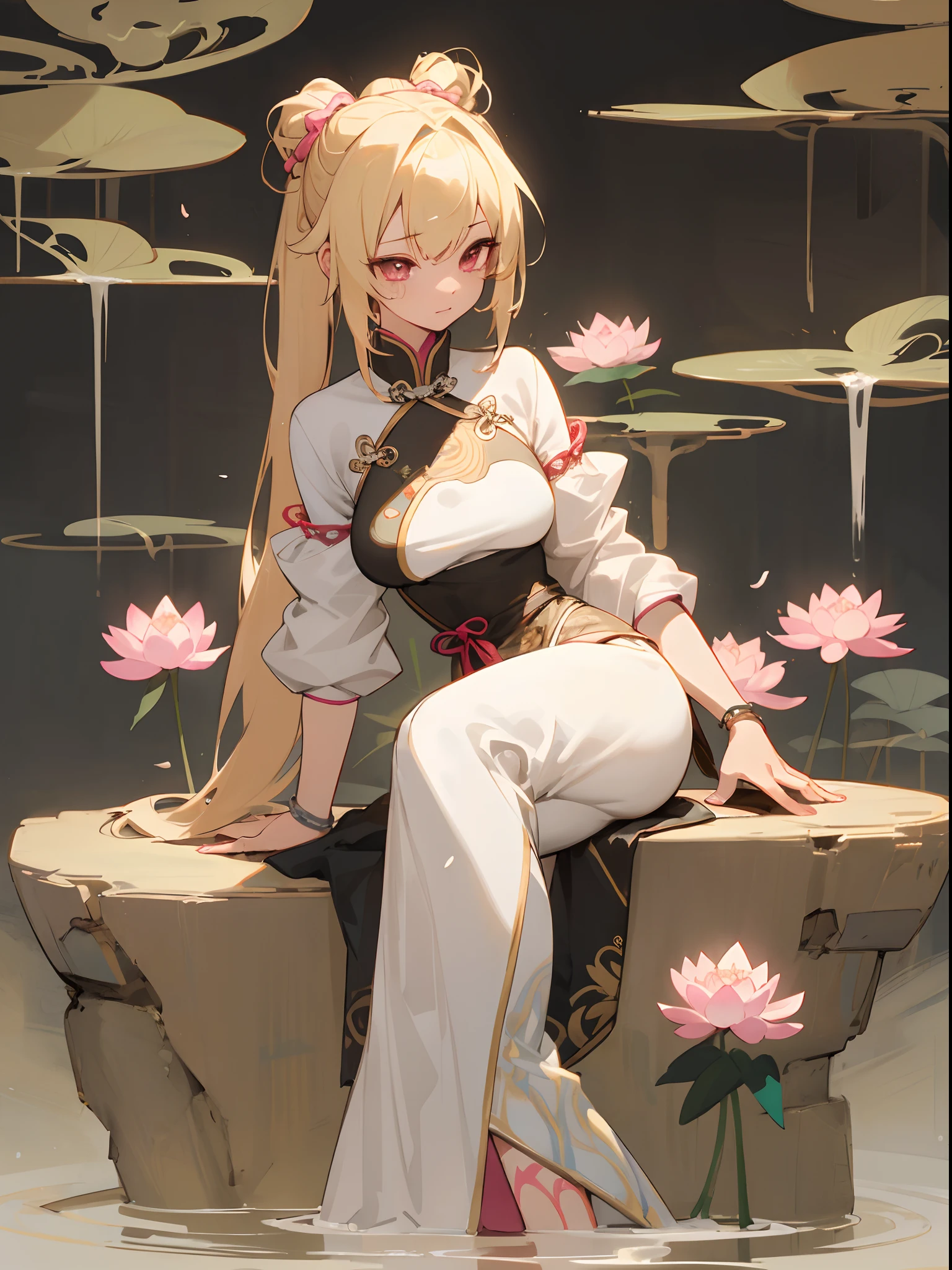 1 girl, blonde hair, blonde woman, pony tail, bright pink eyes, pastel colours, big breastes, Cute hair clips, tattoos on body, bracelets on hands, An ancient Chinese beauty, Sitting on a stone, dressed in ancient Chinese clothes, flowing tulle, light silk, Lazy Posture, big lotus leaf, lotus, ink painting style, clean color, Decisive cutting, blank, By hand, tmasterpiece, Ultra-detailed, epic composition