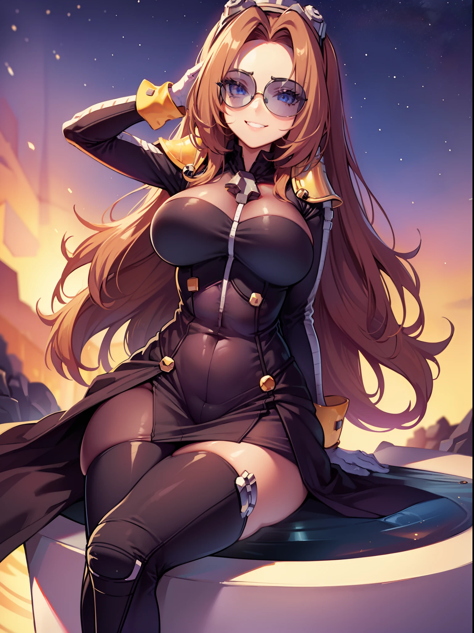 (masterpiece, best quality:1.2), eggmaam, looking at viewer, smile, skirt, thighhighs, gloves, detailed night sky, moonlight, cinema camera, jacket, thighs, glasses, teeth, black thighhighs, white gloves, black skirt, orange hair, grin, (large breasts:1.6), thick thighs, goggles, tinted eyewear, blue-tinted eyewear
masterpiece, best quality,1girl,solo, Eggmaam ,orange hair,blue eyes, goggles, tinted eyewear, blue-tinted eyewear, armor, large breasts, shoulder armor, bodysuit,sitting,smile