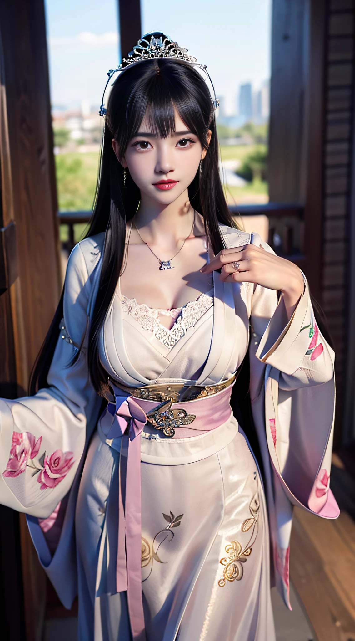 qian28, 1girl, solo, head turned, looking at viewer, teeth, parted lips, (8k, best quality,high quality clothes, masterpiece:1.2,hhgh precision skin,,rich facial texture), black_hair,,(dingdall effect), elegant,exquisite clothes, beautiful pendant,evening, full moon, (medium breasts:1.4) (breast:1.4),(chinese clothing), jewelry, earrings, dress, cleavage, floral_print, long_sleeves,flower headwear,sexy pose, jewelry ,hair_flower, sash, necklace,(distant view:1.3)