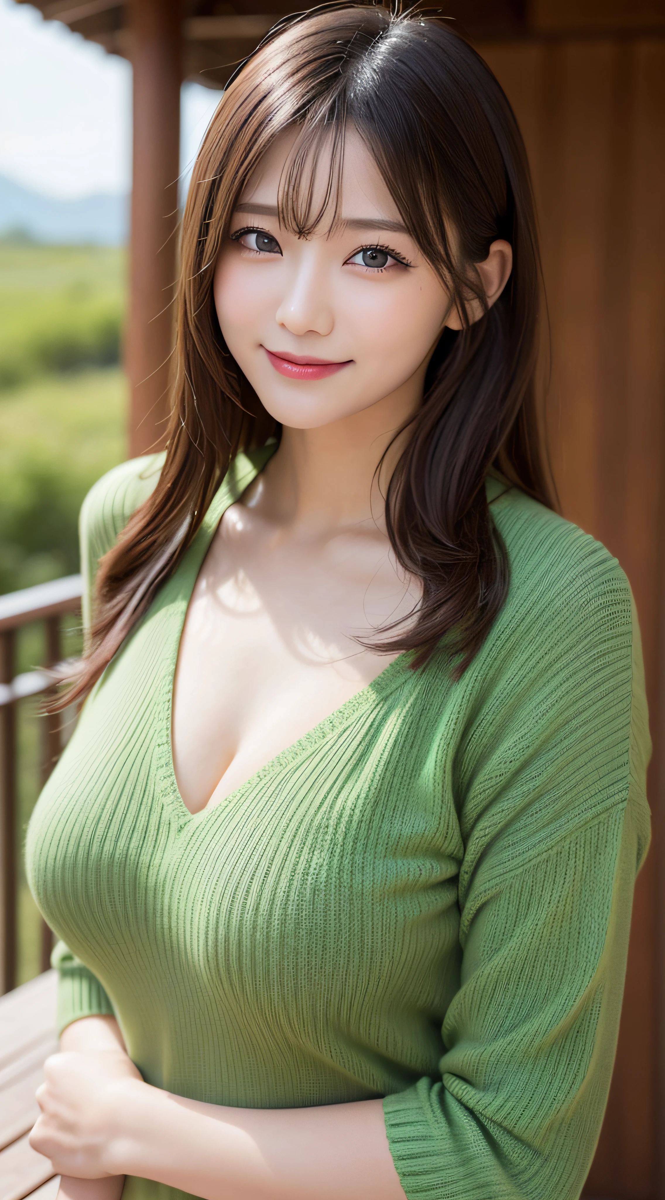 masutepiece, Best Quality, Photorealsitic, finely detail, hight resolution, 8K Wallpapers, Perfect dynamic composition, Beautiful detailed eyes, Medium Hair, large full breasts, Random and sexy poses,Bring your chest together、(Tight Green Knitwear)、(Breast bulge 1.2)、A smile、open open mouth、Resort scenery、24 year old、(Drooping eyes 1.4)、Adult beauty、japanes