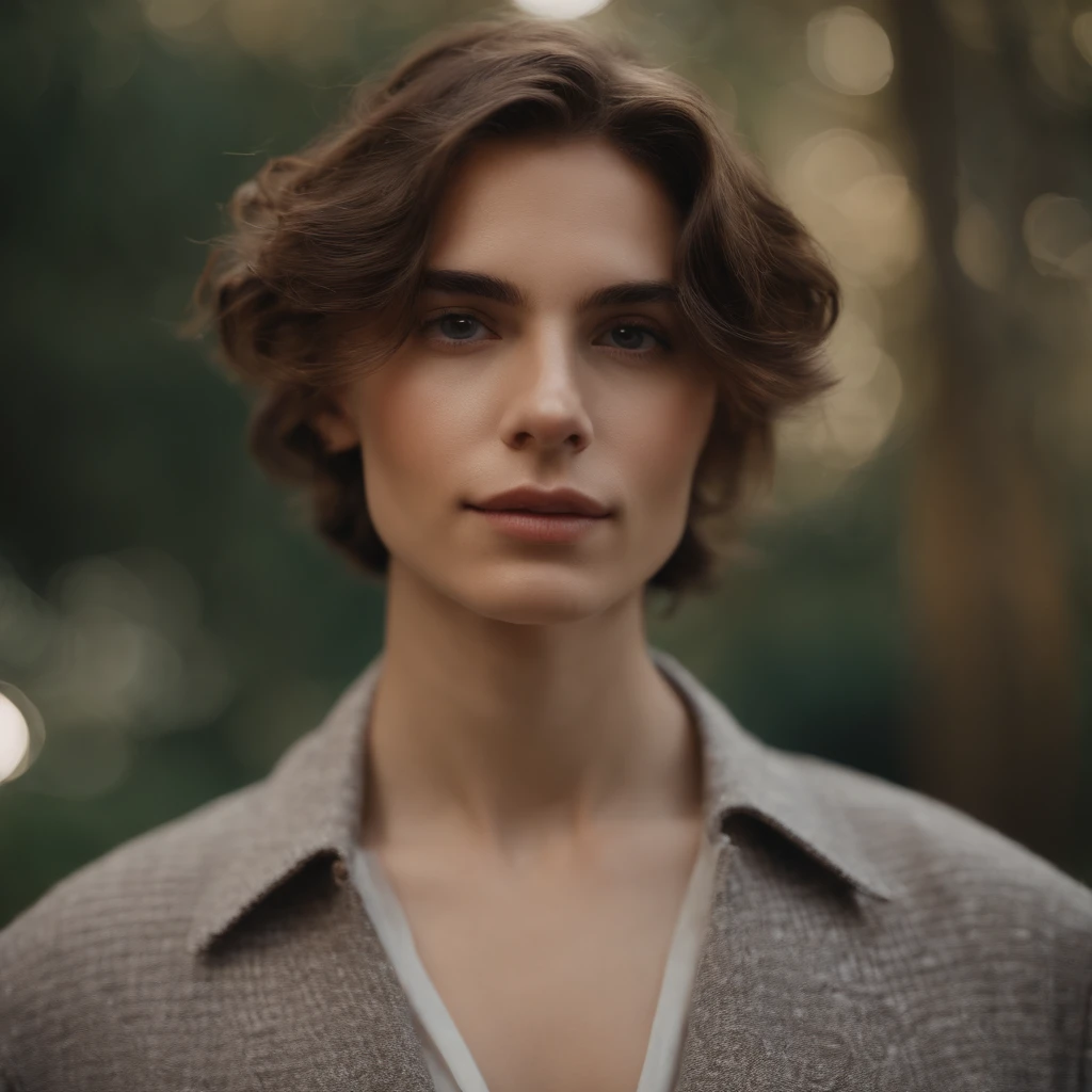 Medium brown haired boy with a medium haircut looks at the camera, delicate androgynous prince, Beautiful androgynous prince, androgynous face, an epic non - binary model, tomboy cabelo castanho curto, beautiful androgynous girl, foto retrato suave 8 k
