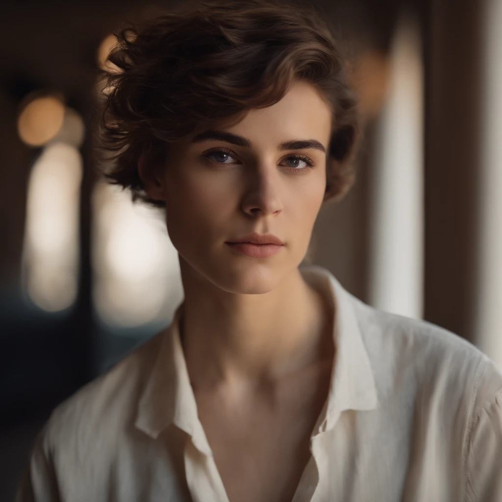 Medium brown haired boy with a medium haircut looks at the camera, delicate androgynous prince, Beautiful androgynous prince, androgynous face, an epic non - binary model, tomboy cabelo castanho curto, beautiful androgynous girl, foto retrato suave 8 k