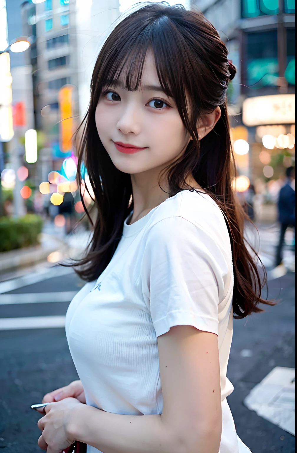 女の子1人、on tokyo street、natta、A city scape、city light、The upper part of the body、a closeup、A smile、、(8K、Raw photography、top-quality、masterpiece:1.2)、(realisitic、photoRealstic:1.37)、Front view、huge tit、White T-shirt