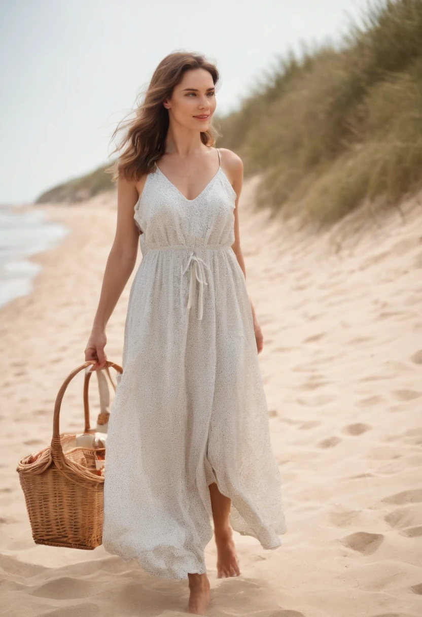 woman , wears loose beach dress, walks on the beach with picnic basket, half length shot, sunny day, high quality photo