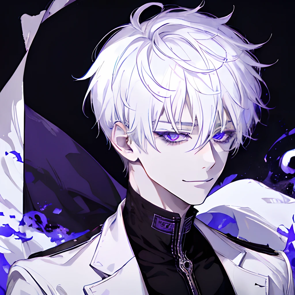 1guy、white haired、purple-white eyes、maniacal smile、Short Messy Hair、Portrait 、a handsome, black cloak, I can&#39;I can&#39;I can&#39;I can&#39;I can&#39;t see my hand