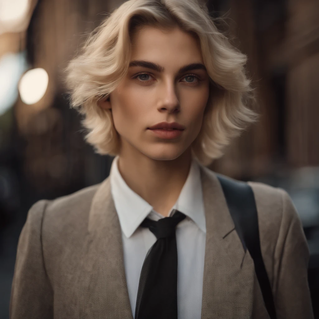 Medium blonde haired boy with a medium haircut looks at the camera, delicate androgynous prince, Beautiful androgynous prince, androgynous face, an epic non - binary model, tomboy cabelo platinado curto, beautiful androgynous girl, foto retrato suave 8 k