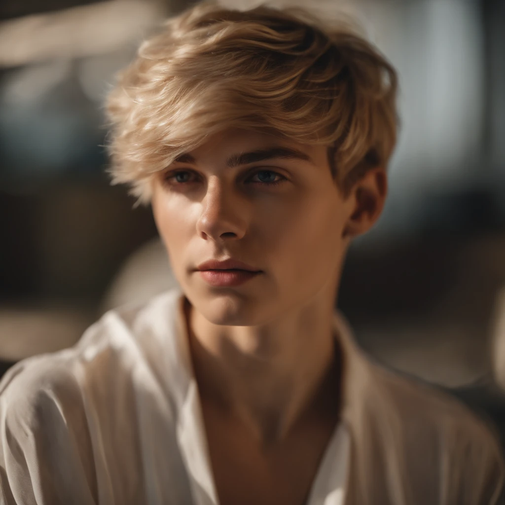 Medium blonde haired boy with a medium haircut looks at the camera, delicate androgynous prince, Beautiful androgynous prince, androgynous face, an epic non - binary model, tomboy cabelo platinado curto, beautiful androgynous girl, foto retrato suave 8 k