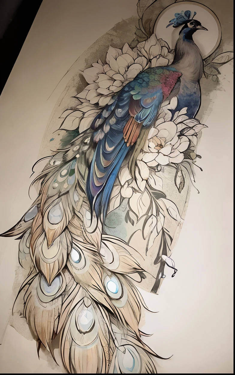 tmasterpiece,best qualtiy,offcial art,8k wallpaper,The is very detailed,illustratio,peacock,Peonies,Keep the silhouette