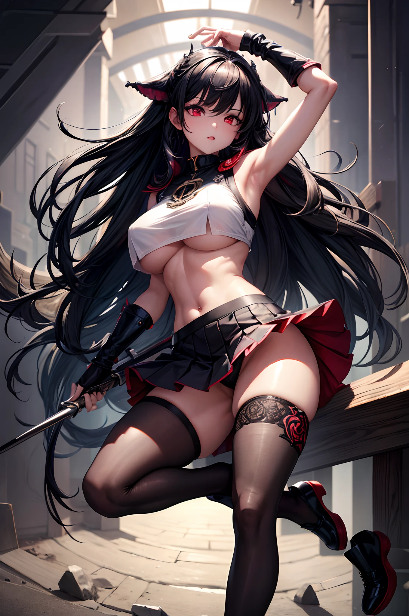 1girl, absurdres, high res, ultrasharp, 8K, masterpiece, looking at viewer, thighs, breasts, huge breasts, crop top, skirt, black hair, long hair, red eyes, underboob, piercing, naval, thigh highs, tatto