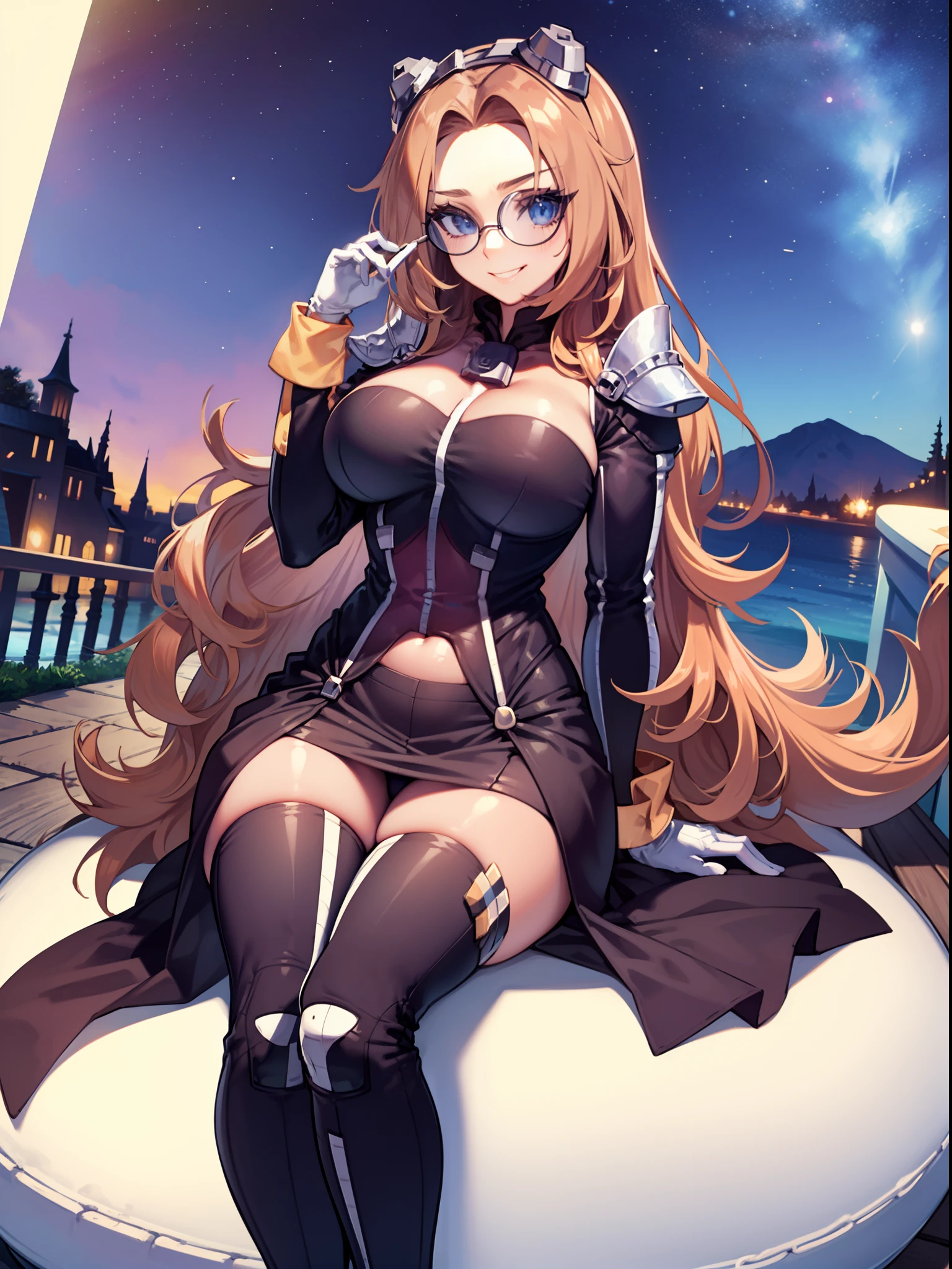 (masterpiece, best quality:1.2), eggmaam, looking at viewer, smile, skirt, thighhighs, gloves, detailed night sky, moonlight, cinema camera, jacket, thighs, glasses, teeth, black thighhighs, white gloves, black skirt, orange hair, grin, (large breasts:1.6), thick thighs, goggles, tinted eyewear, blue-tinted eyewear
masterpiece, best quality,1girl,solo, Eggmaam ,orange hair,blue eyes, goggles, tinted eyewear, blue-tinted eyewear, armor, large breasts, shoulder armor, bodysuit,sitting,smile