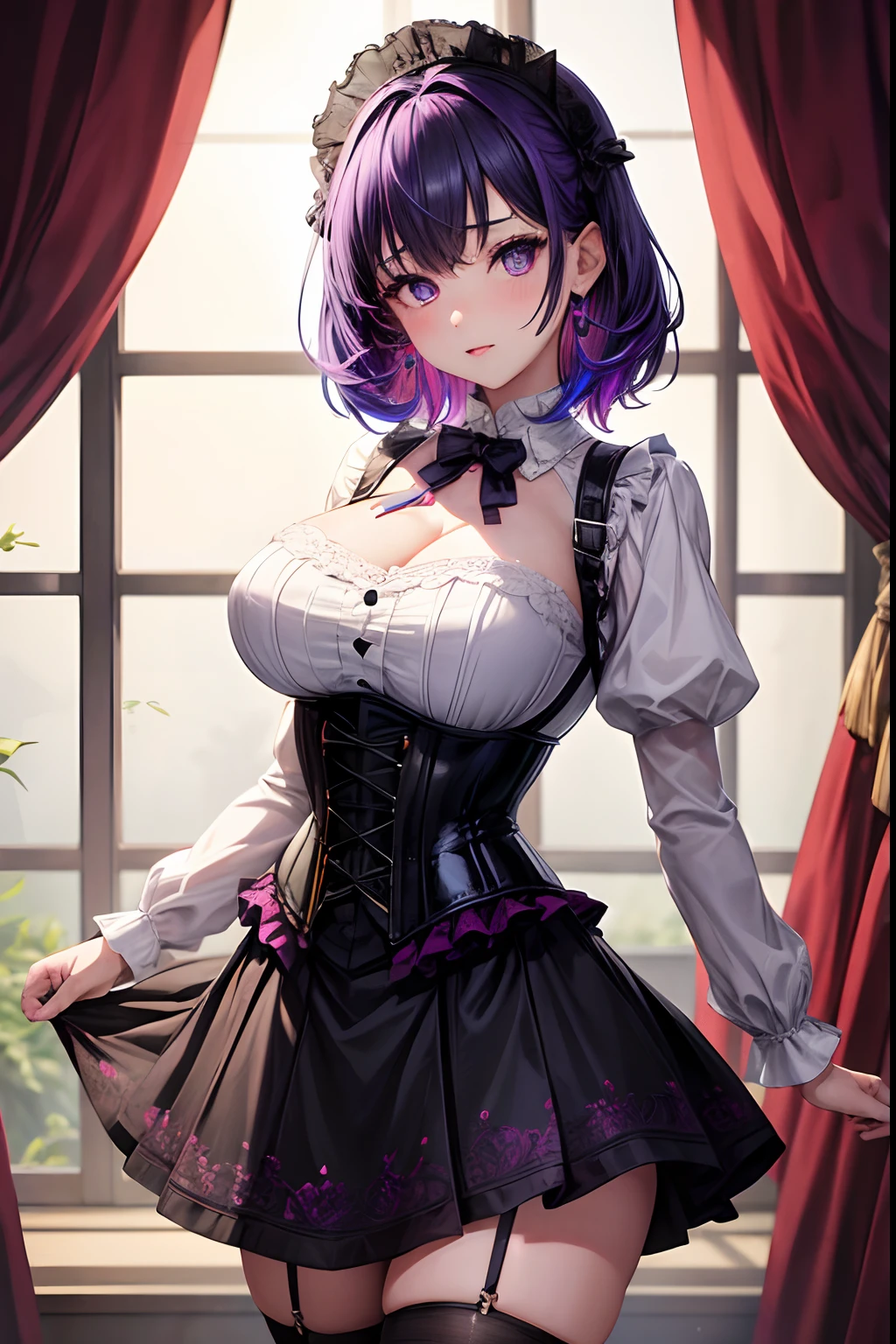 1girl, absurdres, high res, ultrasharp, 8K, masterpiece, looking at viewer, thighs, breasts, big breasts, underboob, medium hair, multicolored hair, purple eyes, black skirt, earings, corset