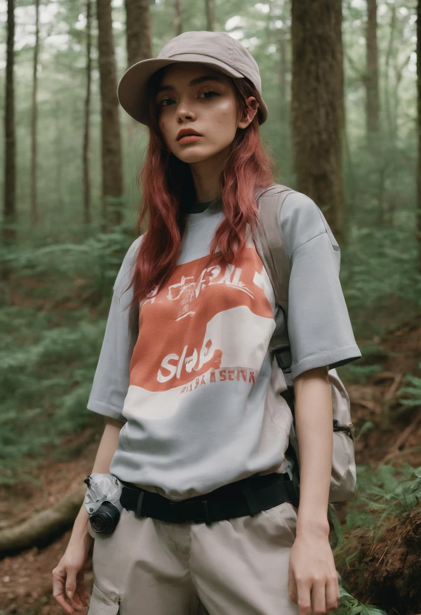 Hiker, in the style of rap aesthetics, schizocore, girl, photo taken with fujifilm superia, charly amani, oversized portraits, babycore