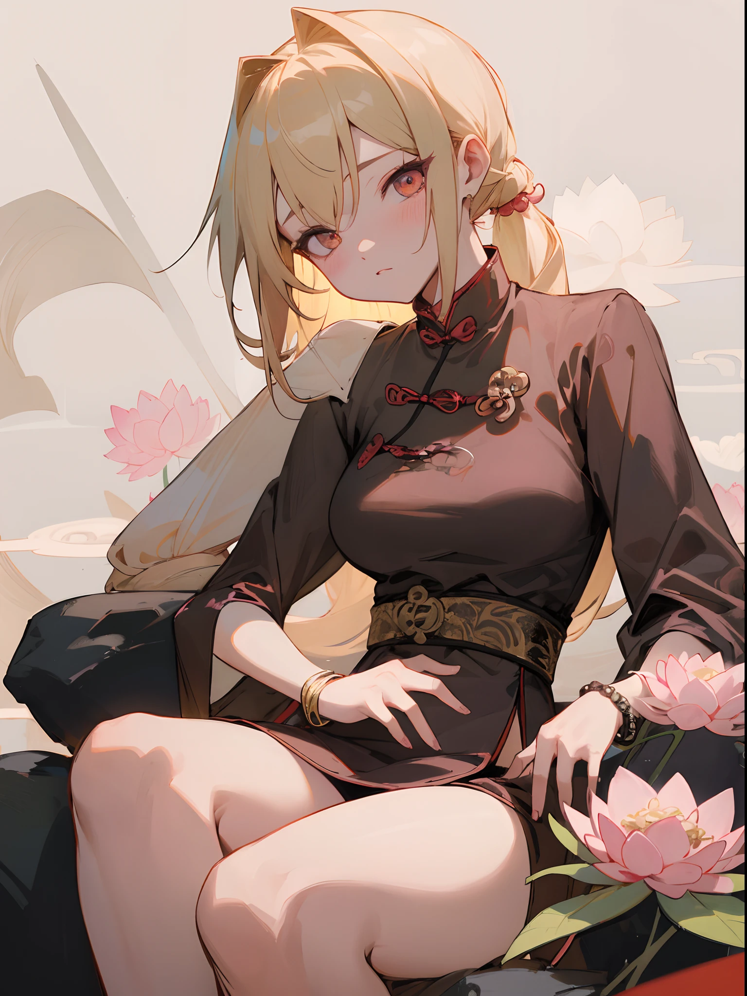 1 girl, blonde hair, blonde woman, pony tail, bright pink eyes, pastel colours, big breastes, Cute hair clips, tattoos on body, bracelets on hands, An ancient Chinese beauty, sitting on a stone, dressed in ancient Chinese clothes, flowing tulle, light silk, Lazy posture, big lotus leaf, lotus, ink painting style, clean color, decisive cutting, blank, Manually, tmasterpiece, Ultra-detailed, epic composition, Innocent