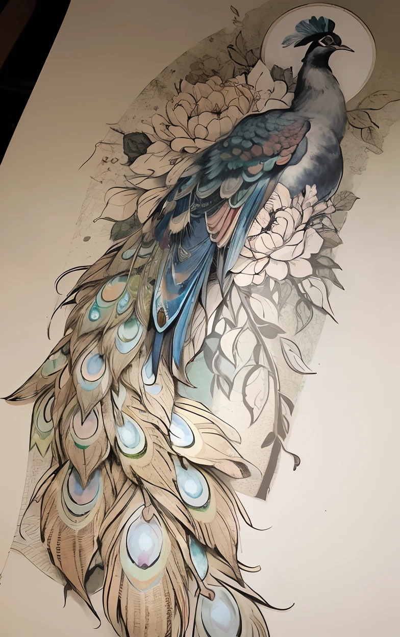 tmasterpiece,best qualtiy,offcial art,8k wallpaper,The is very detailed,illustratio,peacock,Red Phnom Penh peony,Keep the silhouette in shape,Bright and colorful,Very beautiful
