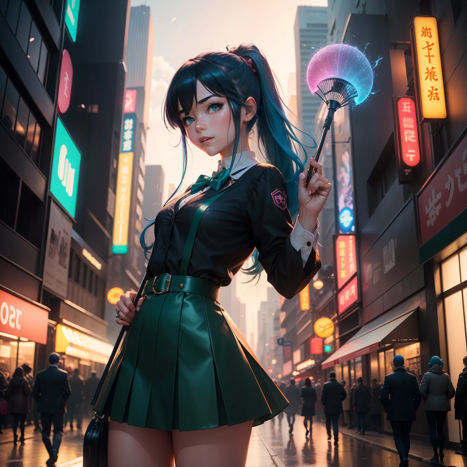 (highres,photorealistic:1.2)A girl with vibrant blue hair and sparkling emerald green eyes. She is wearing a stylish black school uniform with a red bowtie. The girl is standing in a colorful anime-inspired cityscape, surrounded by tall futuristic buildings adorned with neon signs. The streets are bustling with people dressed in unique and vibrant outfits. Sakura petals fall gently from the cherry blossom trees lining the streets, creating a dreamy atmosphere. The girl has a cheerful and determined expression on her face as she holds a magical staff, emitting a soft glow. The scene is bathed in warm and vibrant colors, with a mix of pastel hues contrasting with the bright neon lights. The artwork is highly detailed, with intricate linework and shading, capturing every small detail flawlessly. The lighting is dynamic, casting dramatic shadows and highlights on the character and her surroundings. The overall aesthetic is a perfect blend of traditional anime art style and modern digital techniques, creating a visually stunning and captivating piece.