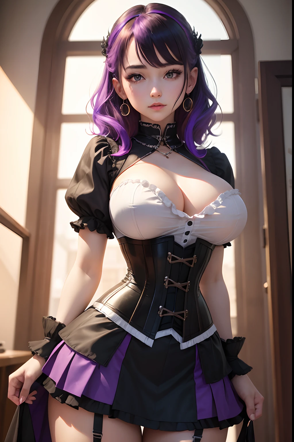 1girl, absurdres, high res, ultrasharp, 8K, masterpiece, looking at viewer, thighs, breasts, big breasts, underboob, medium hair, multicolored hair, purple eyes, black skirt, earings, corset