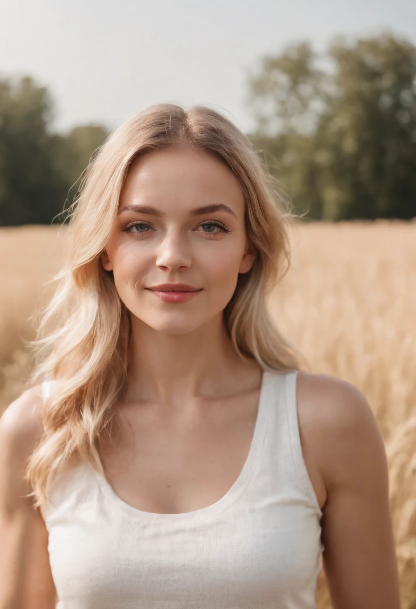 happy blonde woman in hat and white tank top, retro van and field in background, sunny day, medium shot, high quality photo.