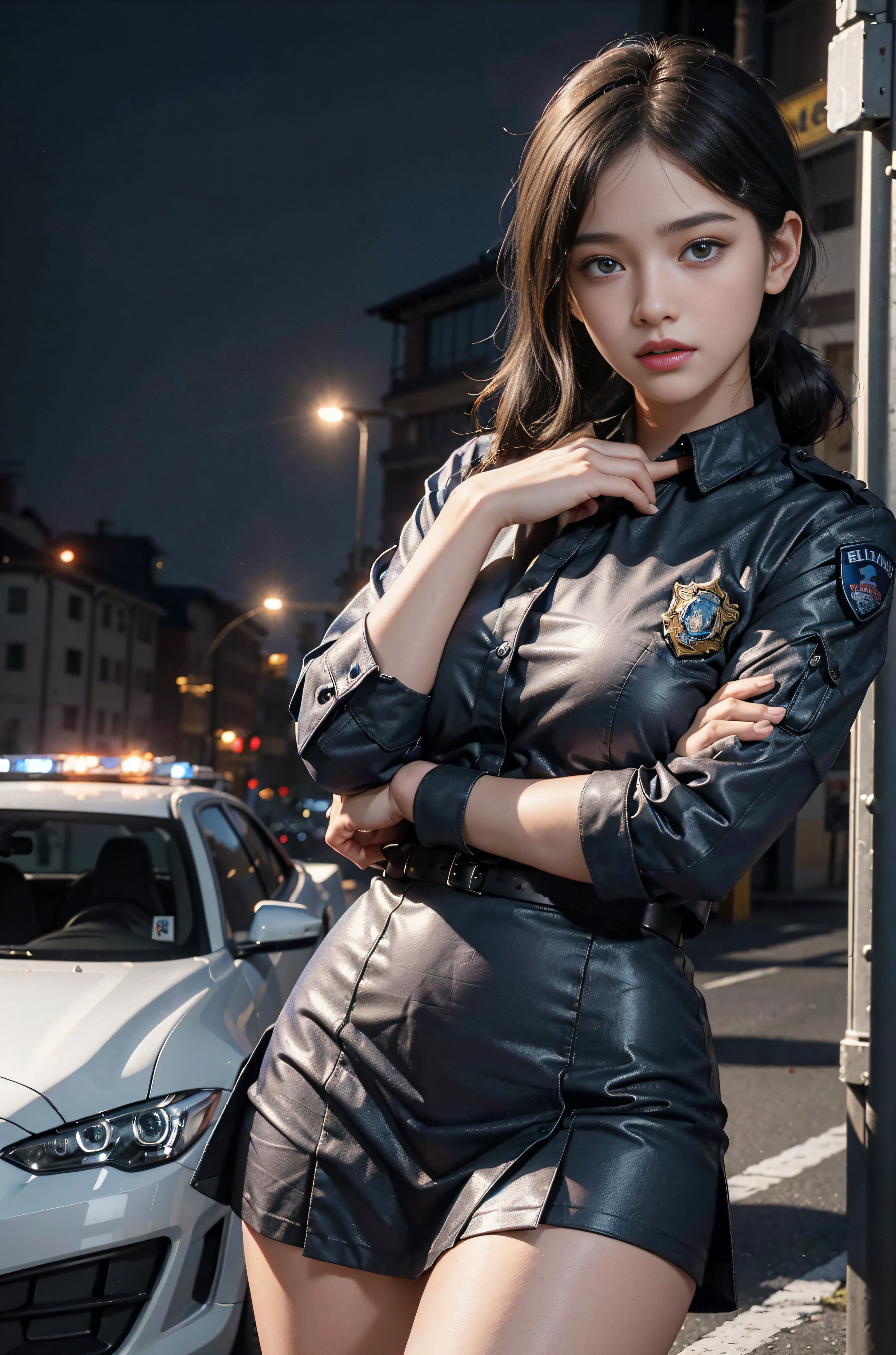 masterpiece, top-quality、Raw foto, Photorealsitic、2 Maidens、a 25yo woman、Walking in Shibuya for two、Halloween、(Policewoman uniform:1.3)、Shortcut Bob、a miniskirt、A smile、People around you々The costume、Smaller chest、Small butt、Reflecting the whole body、unbelievable Ridiculous、depth of fields, hight resolution, ultra-detailliert, foco nítido, Cinematic lighting、Add highlights to the eyes