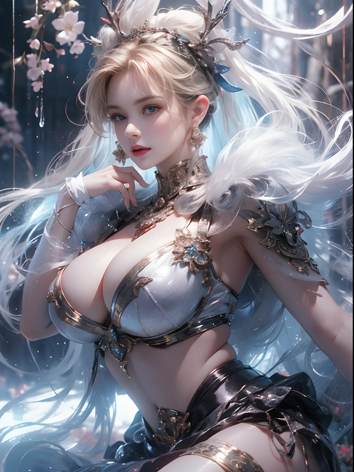 （8k extremely detailed CG unit wallpaper），（best qualtiy），（Best Illustrations），（Best Shadow）， （detail： 1.4）， 。.。.。.。.。.。.。.3D， nffsw（High dynamic range）， light tracing， NVIDIA RTX， Hyper-Resolution， Sub-surface scattering， PBR Texture， Post-processing， Anisotropy Filtering， depthoffield， Maximum sharpness and acutance， Multilayer Texture， Albedo e mapas Speculares， Surface Coloring， Accurate simulation of light-material interactions， Perfectly proportioned， octane renderings， Two-tone illumination， Wide aperture ， Low ISO，White Balance，trichotomy，8K Raw，intricate-detail， delicate patterns， deep-shadows， ​masterpiece， Lifelike， Roughness， A hyper-realistic， photographed in a Canon EOS R5， 50mm Lens， F/2.8， Sharp Focus， Smoothing， Roughness， Real life， photorealistc， Cinematography， 8K UHD，in flower field，Blue Flower Girl，1 girl，独奏，European，Beautiful bride，lightsmile，Highly detailed blonde hair，maturefemale，Sky Blue Gossamer Veil，Sky blue gossamer cloak，Sky blue Gossamer coat，Sky blue gossamer skirt，Sky blue lace underwear，Sky Blue Lace，Sky Blue Gossamer Gloves，gargantilha，earrings，jewely，trinkets，Head dress，Hand ornaments，leg ornaments，high-heels，Huge breasts，Large breasts，Big boob，Burst breasts，Big breasts，Plump breasts，Expose your breasts，uncovered breasts，Narrow waist，Bare ass，ass large，Bare belly，Bare navel，Wet，Wet body，sweating body，Shiny skin，