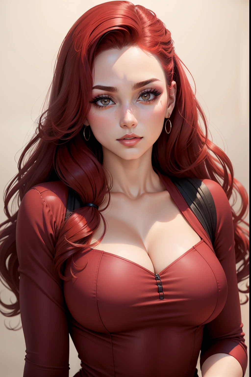 Lucy Pinder, portrait, Face portrait, red lips, smiling, cleavage, Voluptuous woman, Chubby woman, straight hair, red hair, Long hair, long sleeve t-shirt, black t-shirt, Long jeans.